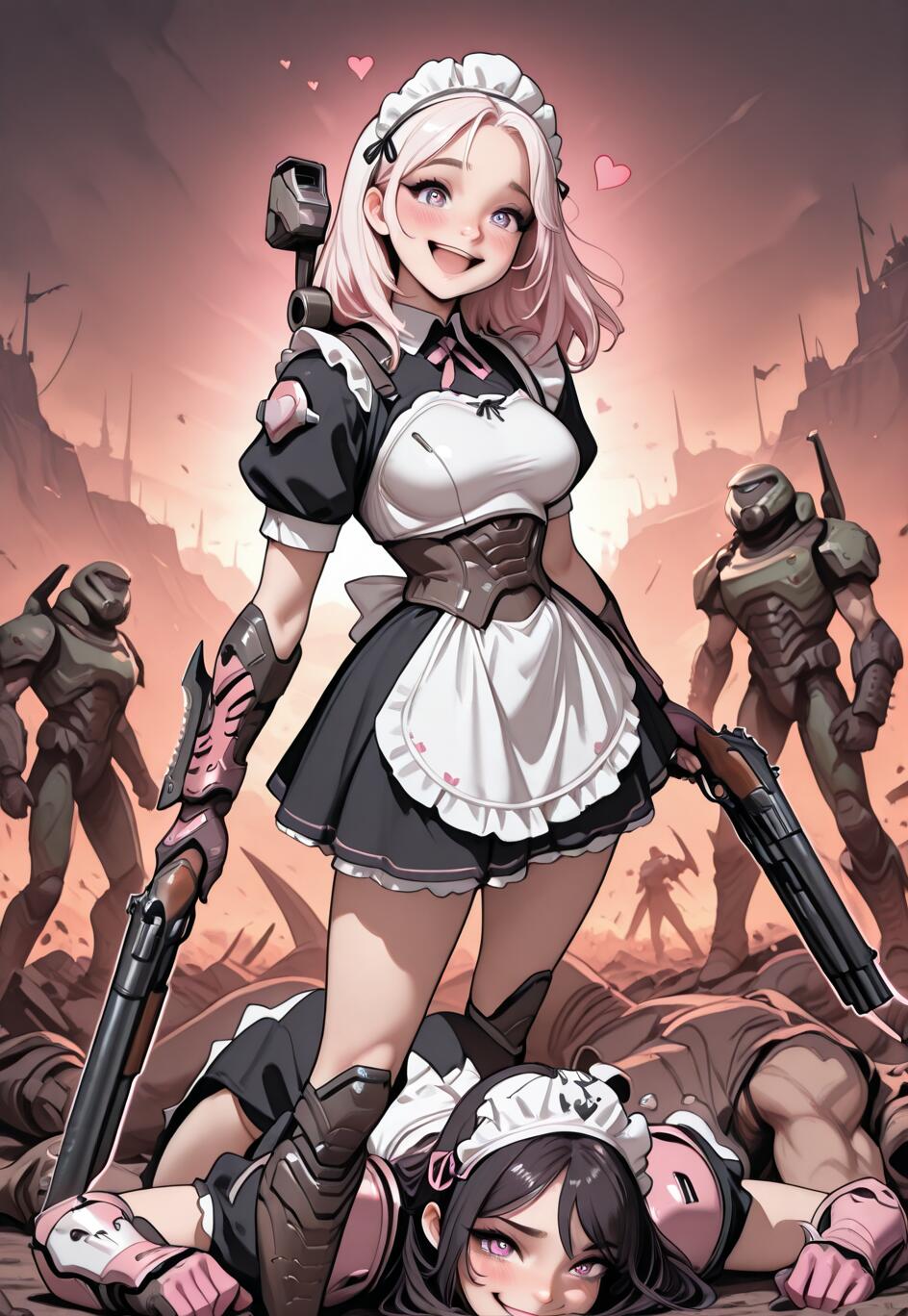 A pink-haired anime girl in a combat maid outfit holds two shotguns on a fiery battlefield, smiling as she stands over a defeated maid. Figures in Doom Slayer armor are in the background.