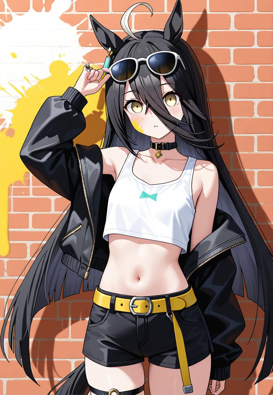 An anime character, Manhattan Cafe from Uma Musume, with long black hair and horse ears, wearing a modern street outfit consisting of a white crop top, black shorts with a yellow belt, and a black jacket. She is pushing sunglasses up on her head while standing in front of a brick wall.
