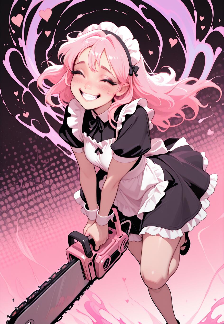 An anime girl with pink hair in a maid outfit laughs maniacally while holding a pink chainsaw, with a background of pink hearts and swirls.