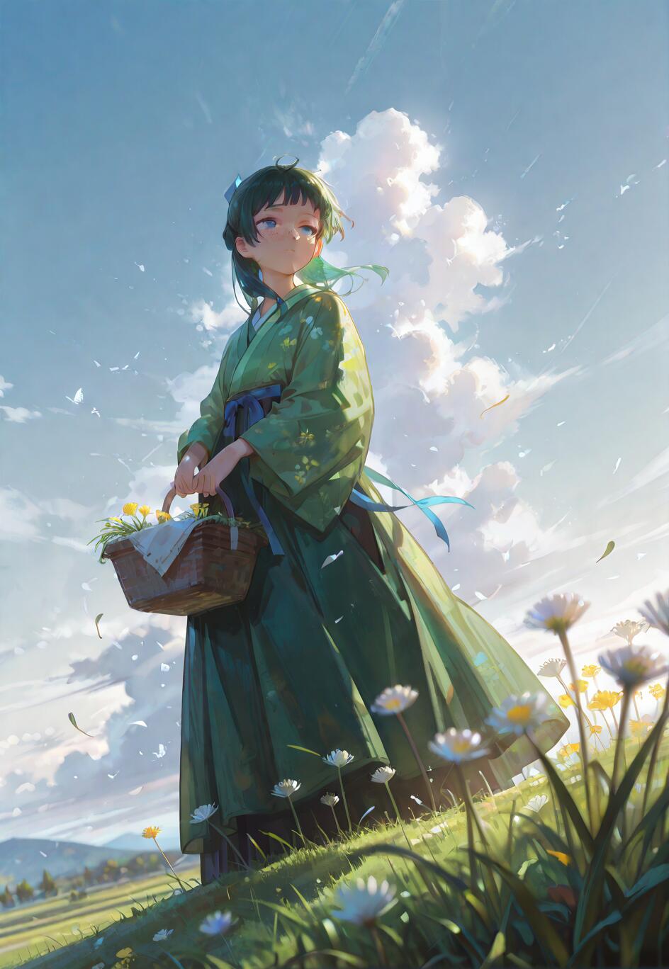 A low-angle illustration of Maomao from The Apothecary Diaries on a grassy hill. She has green hair and freckles, wears a green kimono with a blue ribbon, and holds a basket of yellow flowers under a bright blue sky with white clouds.