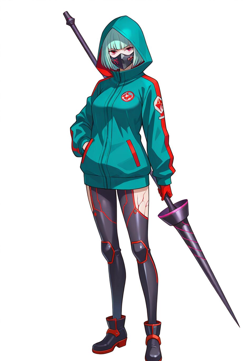 A full-body anime illustration of a young woman with mint-green hair and a mask, wearing a teal hoodie and futuristic black leggings, holding a large purple spear against a white background.