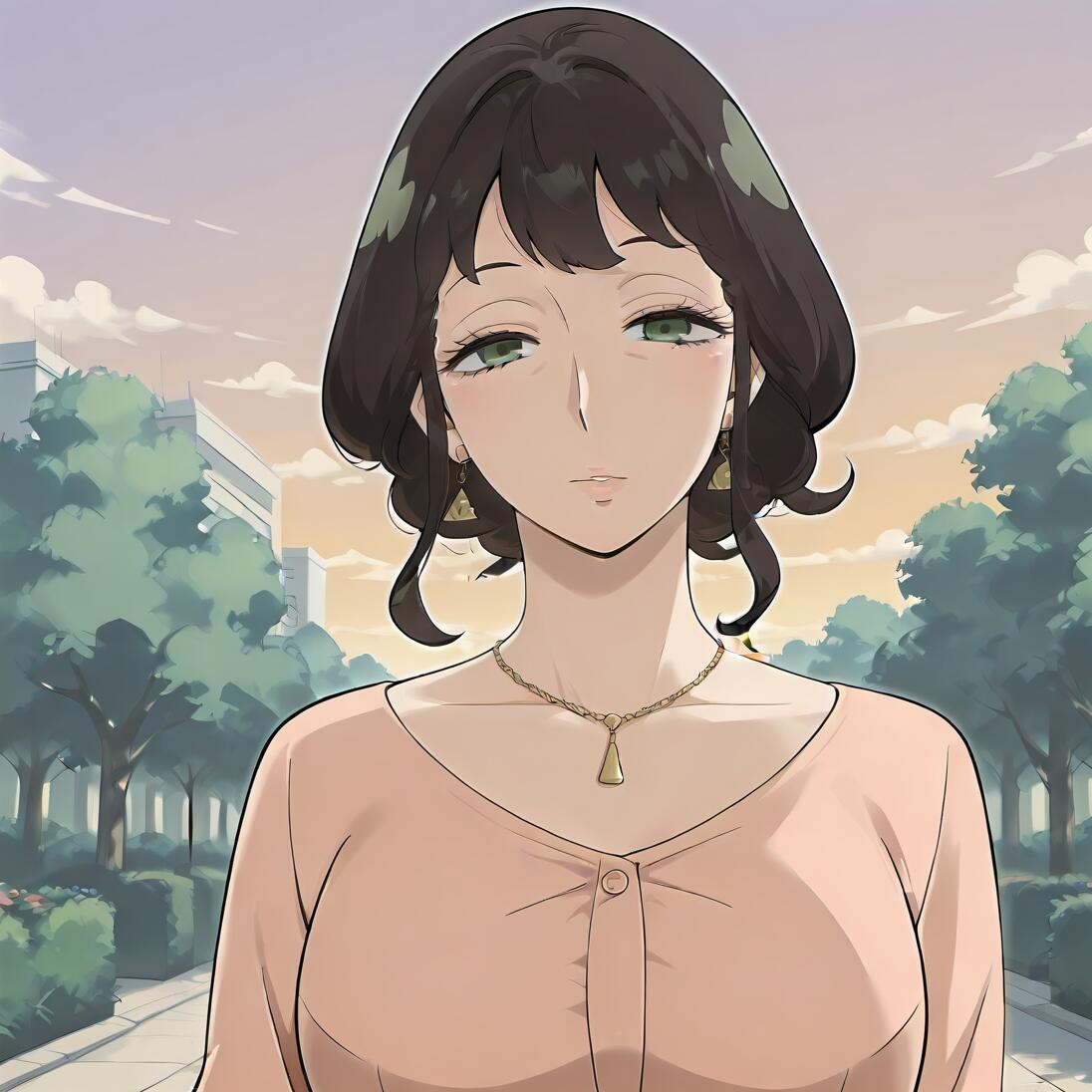 An upper-body illustration of Melinda Desmond from Spy x Family, a mature woman with short dark hair and green eyes, wearing a pink blouse and gold jewelry, standing in a park at sunset.