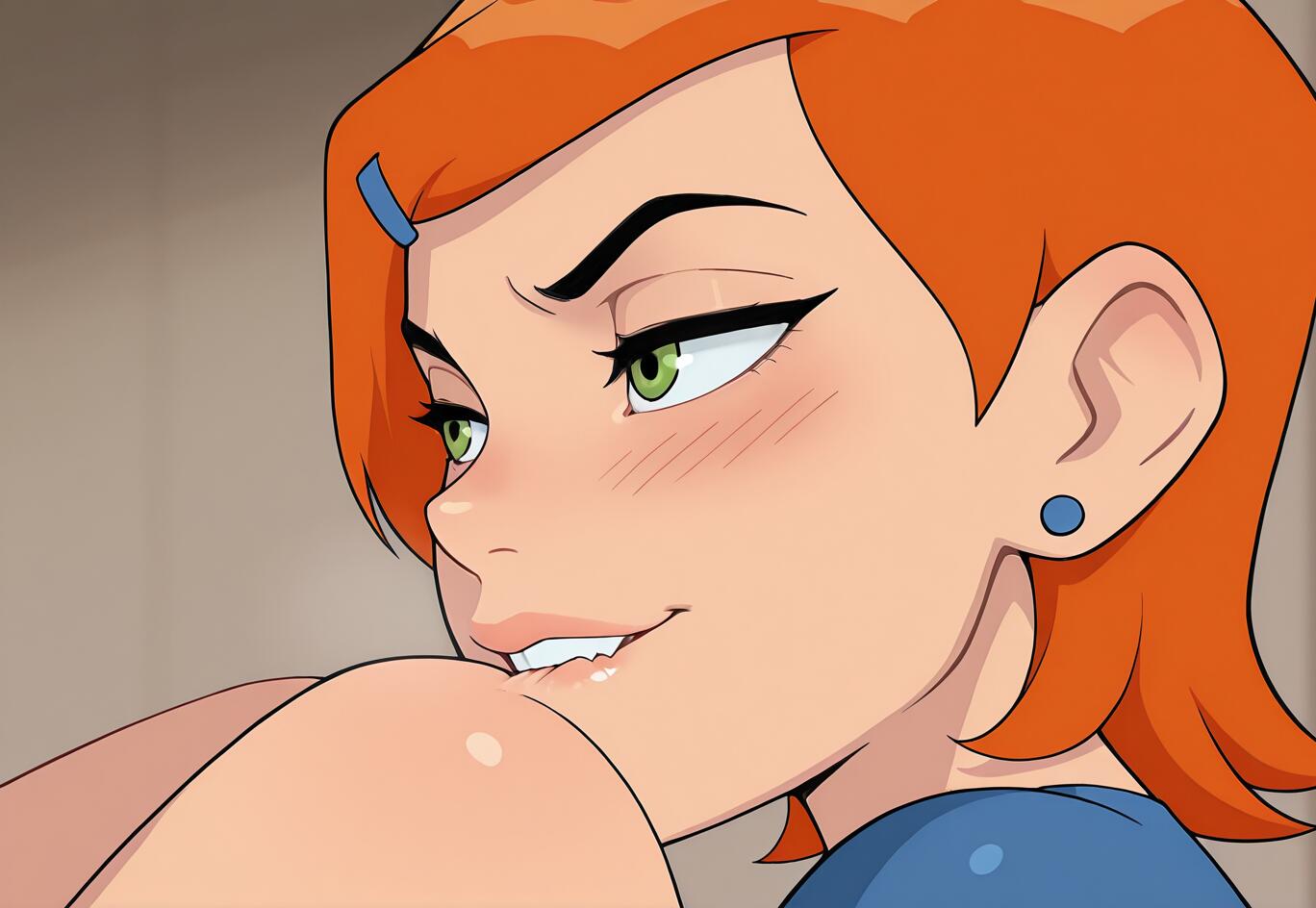 Close-up digital art of Gwen Tennyson from Ben 10 with orange hair and green eyes, giving a mischievous, blushing look to the side and biting her lip.