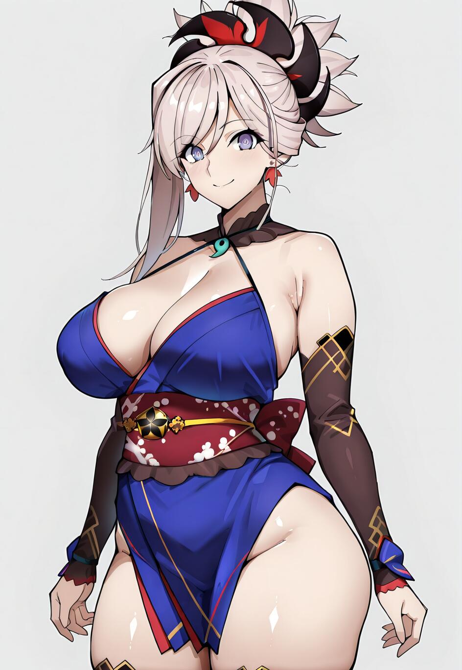 An anime-style illustration of Miyamoto Musashi from Fate/Grand Order, smiling while wearing a blue kimono, brown arm guards, and her hair in a high ponytail.