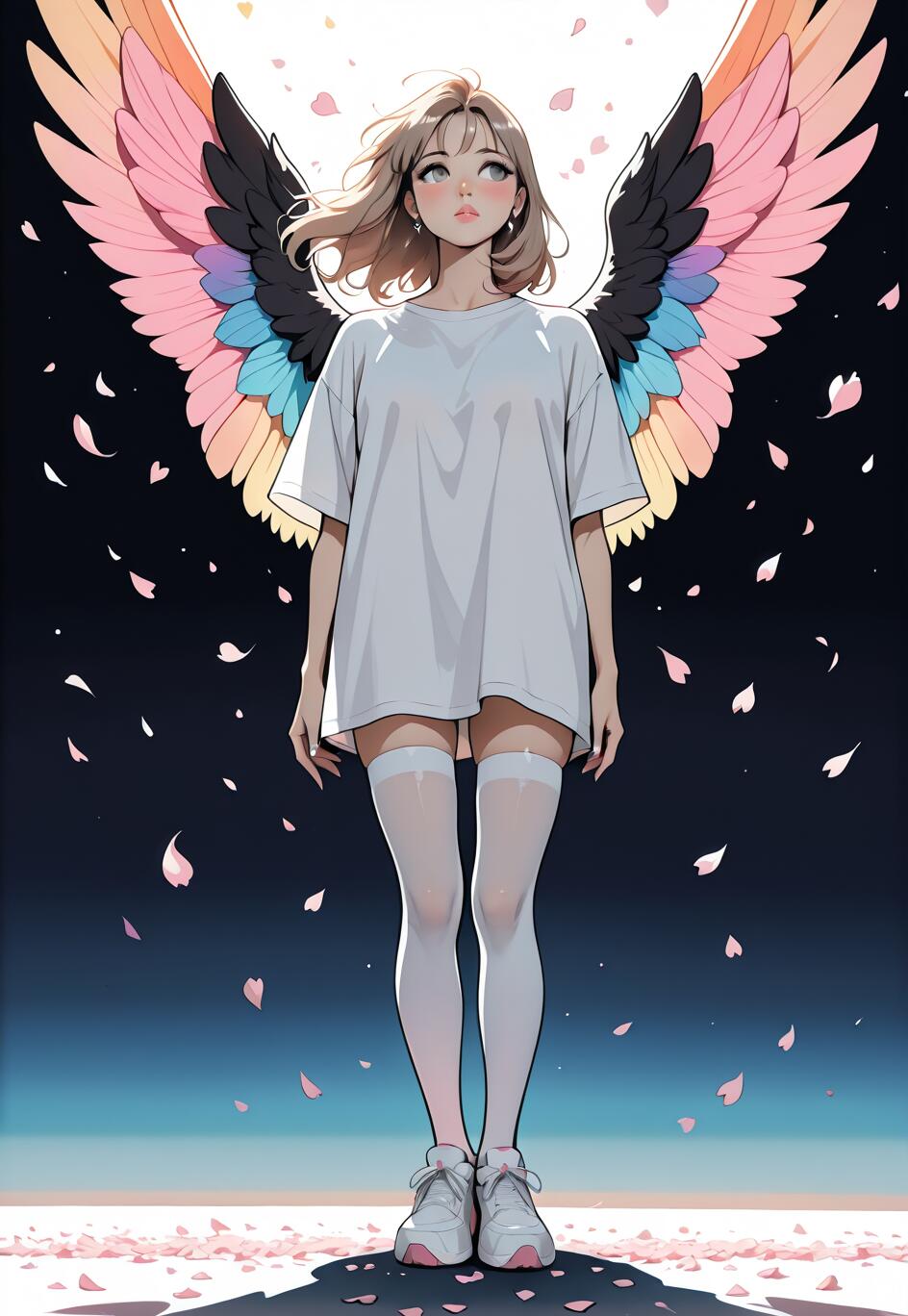 Full-body illustration of an anime girl with colorful feathered wings. She has light brown hair, wears an oversized white shirt, white thigh-highs, and sneakers, and is standing amidst falling cherry blossom petals against a dark background with a bright light behind her.