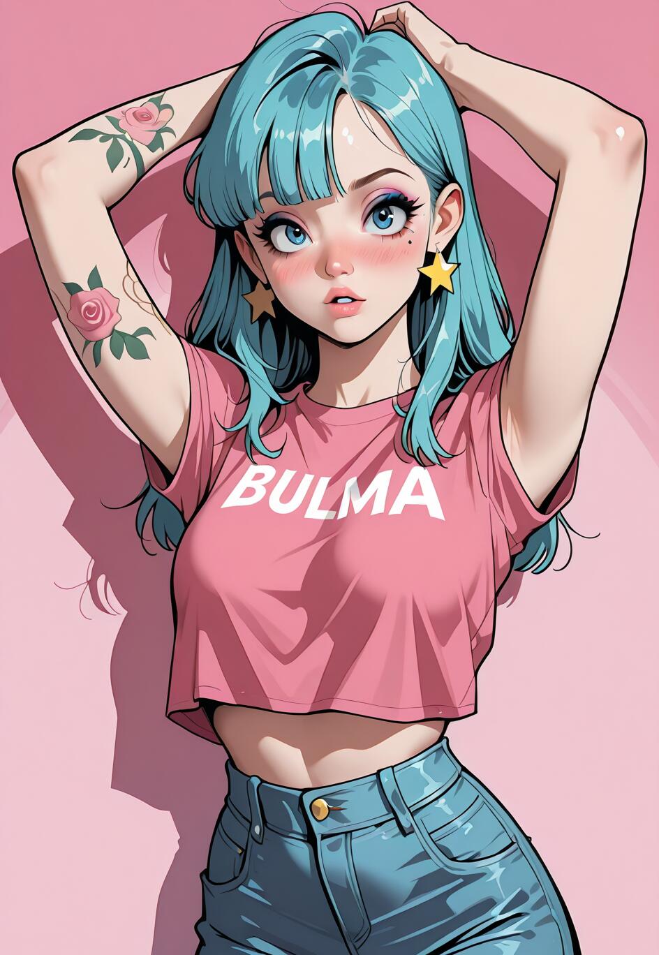 An anime-style illustration of Bulma from Dragon Ball with blue hair and blue eyes. She wears a pink crop top with 'BULMA' on it, blue jeans, and star earrings. She has rose tattoos on her arm and is posing with her hands behind her head against a pink background.