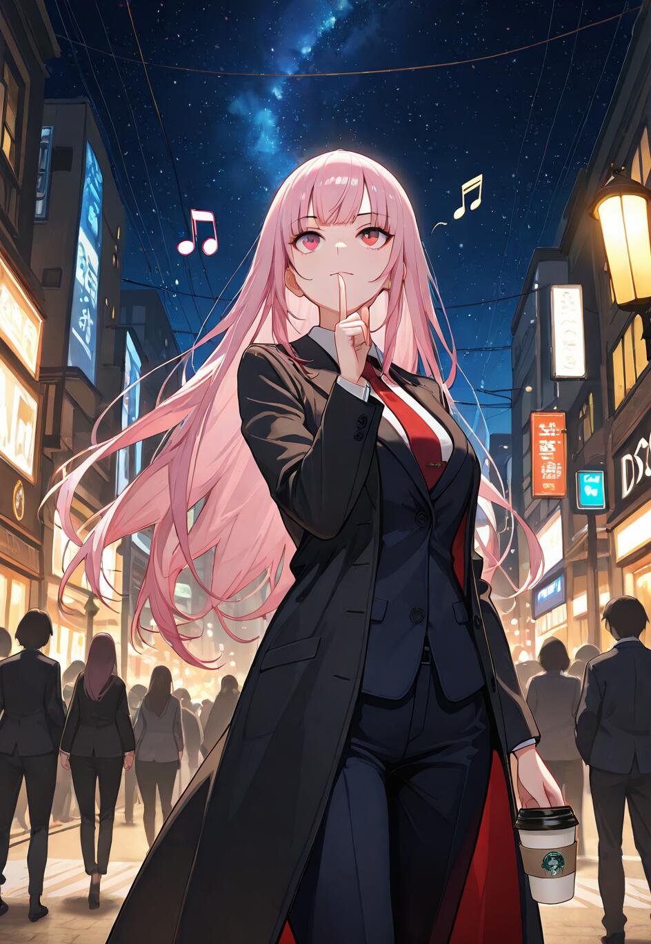 An anime-style illustration of Mori Calliope, a woman with long pink hair and red eyes, wearing a black business suit and long coat. She is on a city street at night, holding a coffee cup and making a 'shushing' gesture with her finger to her lips under a starry sky.