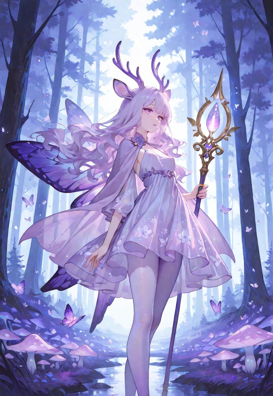 An anime-style girl with long lavender hair, deer antlers, and purple butterfly wings, holding a glowing staff in a magical purple forest filled with glowing mushrooms.