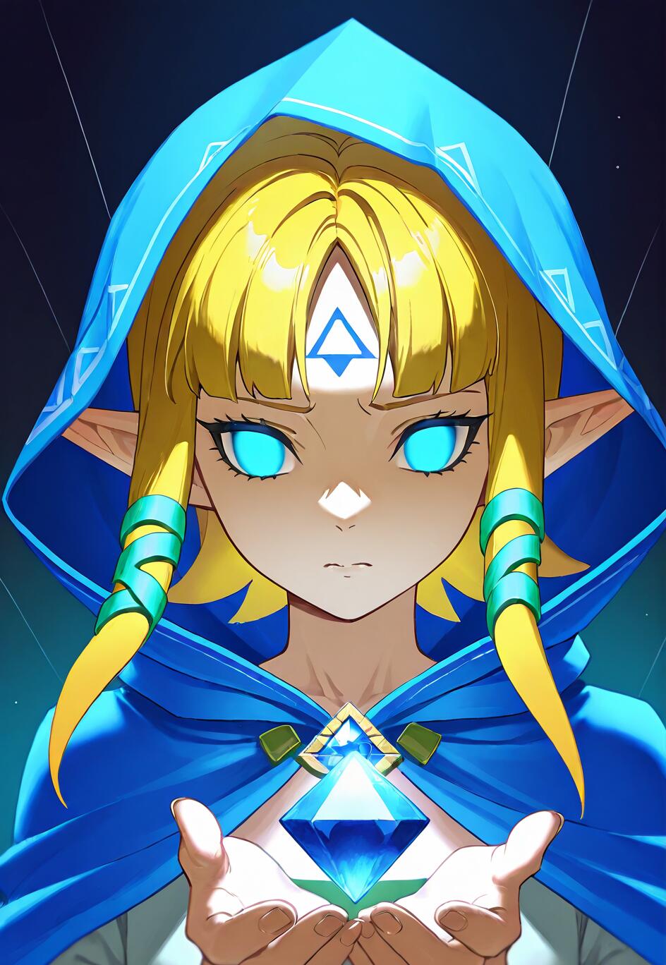 An anime-style illustration of Princess Zelda with glowing blue eyes, wearing a blue hooded cape and holding a sparkling blue gem. The Triforce symbol is on her forehead.