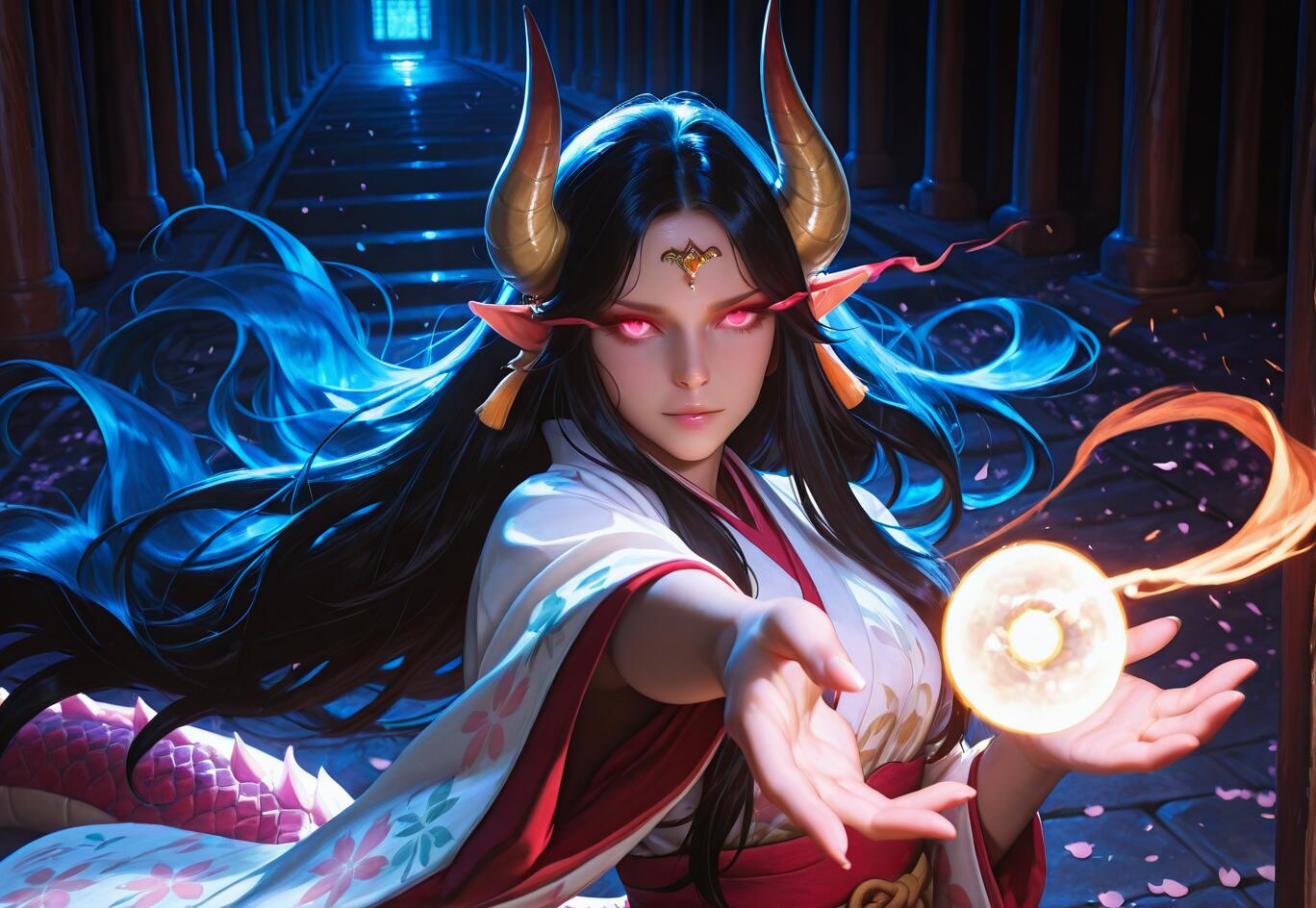 A digital painting of Yamato from One Piece, reimagined as a dragon priestess. She has long black hair, golden horns, and glowing pink eyes, and is holding a ball of light in her hands inside a dark Japanese temple.