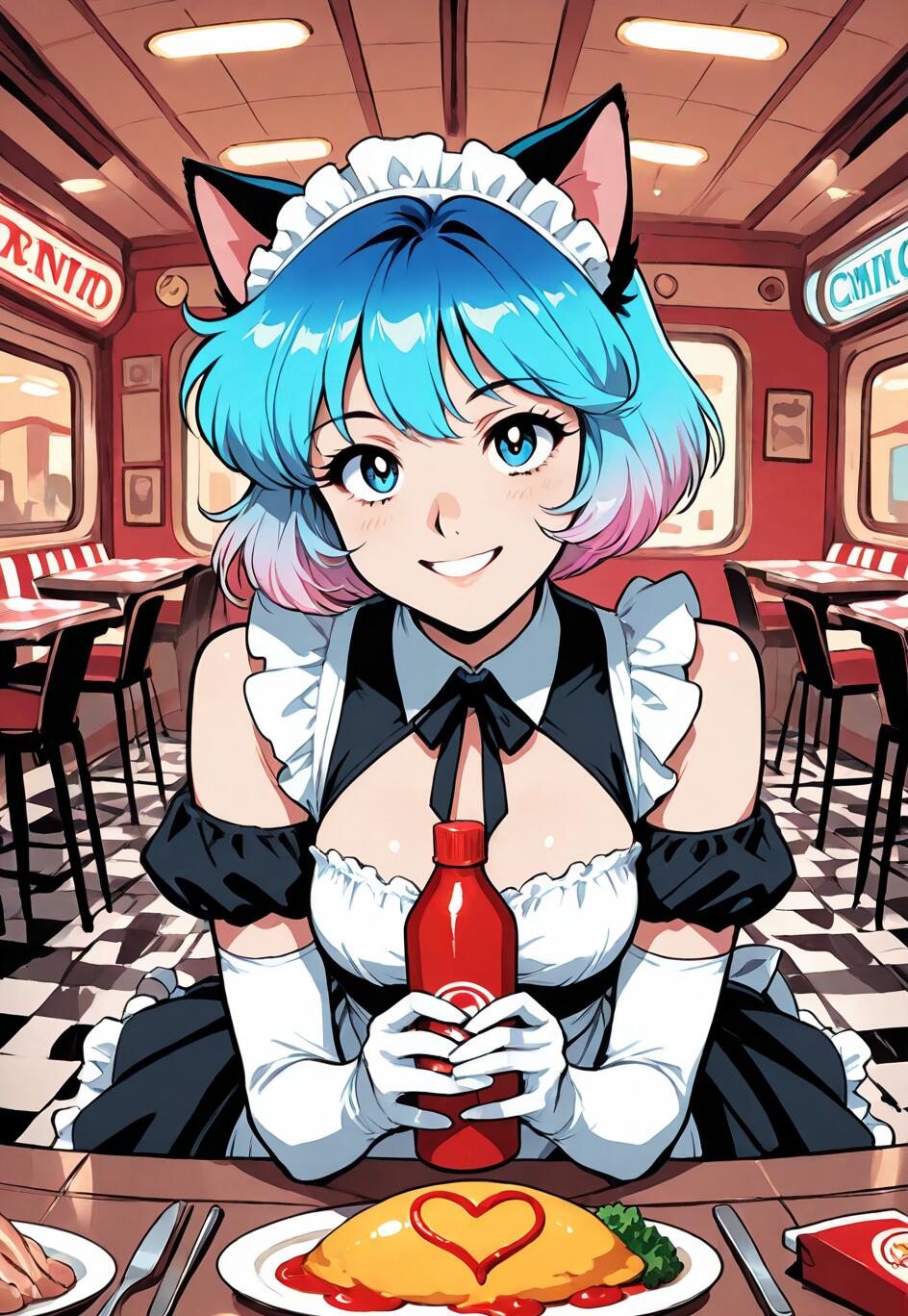 An anime cat girl with short blue and pink hair, dressed in a maid outfit, smiles as she holds a ketchup bottle over a plate of omurice decorated with a ketchup heart in a retro diner.
