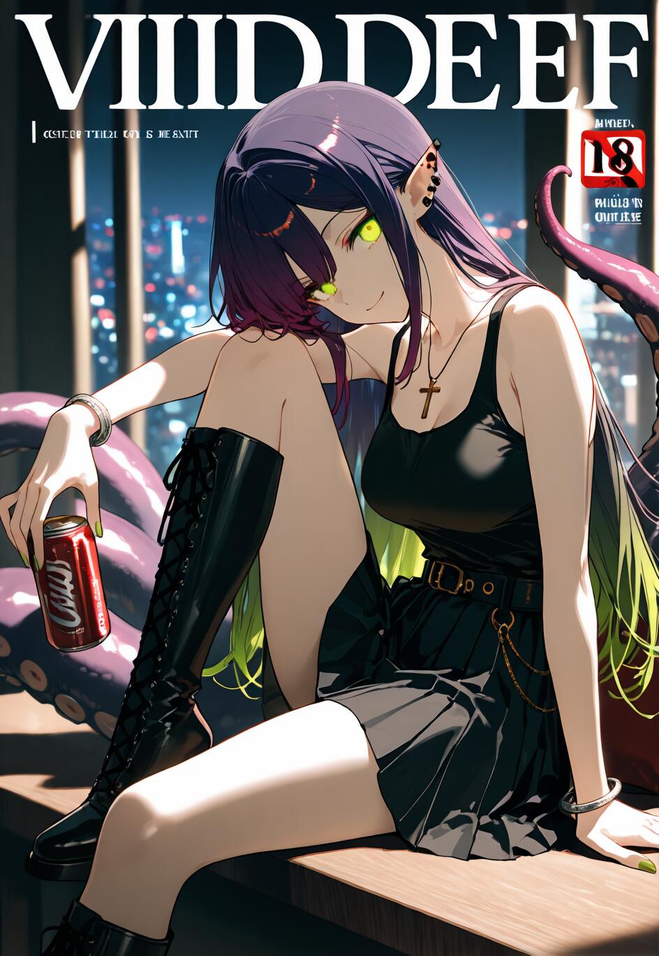 An anime girl with long purple and green hair, glowing green eyes, and tentacles, dressed in a black gothic outfit, sits by a window overlooking a city at night, holding a red can on a mock magazine cover.