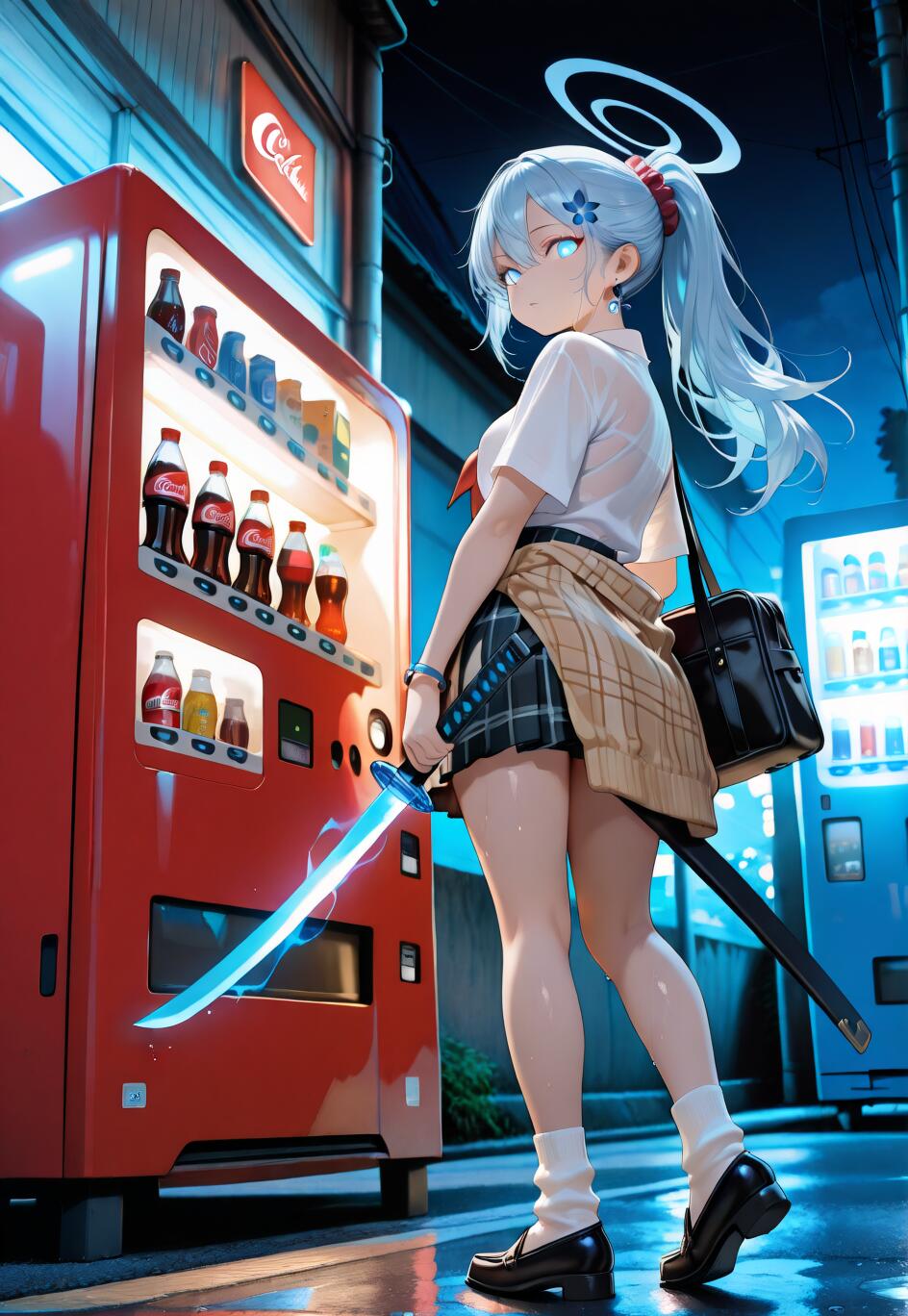 An anime girl with light blue hair, a halo, and glowing blue eyes, identified as Arona from Blue Archive, stands in a dark city alley holding a glowing blue katana next to a red vending machine.