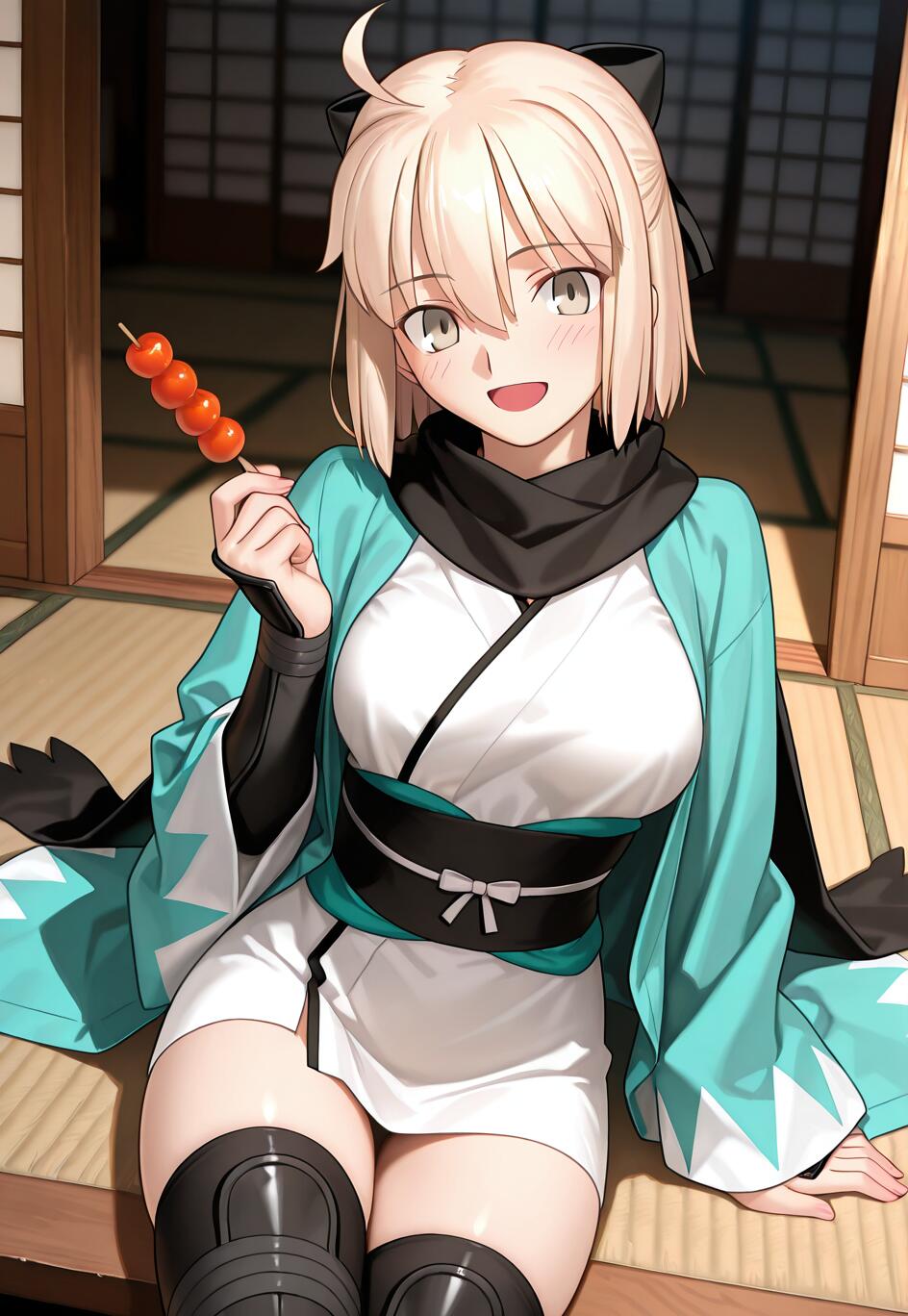 Anime character Okita Souji from Fate/Grand Order, a young woman with short blonde hair and a black bow, sitting on a tatami floor in a turquoise haori and white kimono, smiling as she holds up a skewer of orange dango.