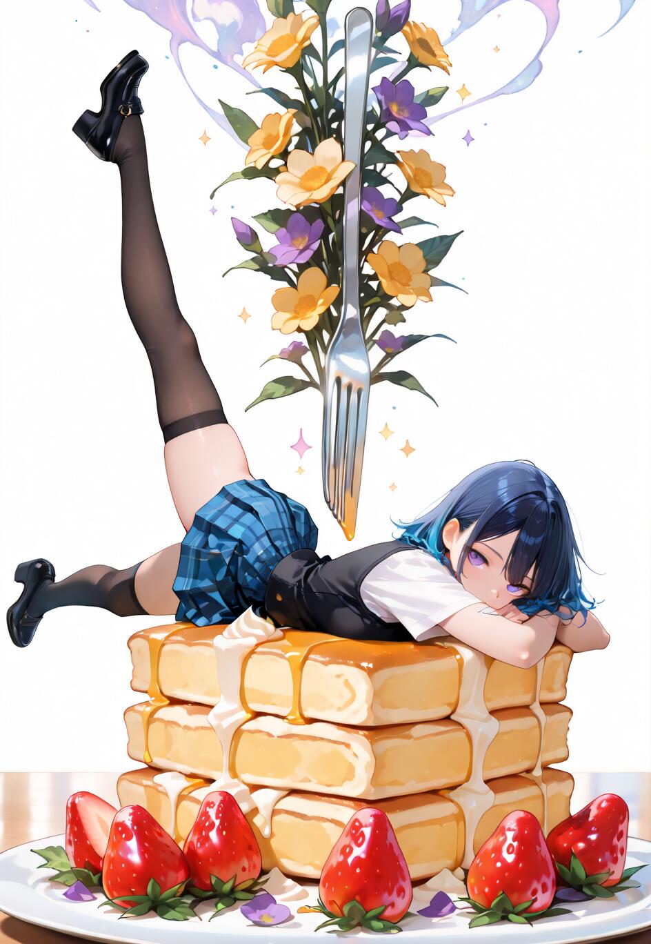 An anime-style girl with short blue hair in a school uniform lies on a massive stack of pancakes, surrounded by strawberries. A giant, flower-decorated fork stands behind her against a white background.