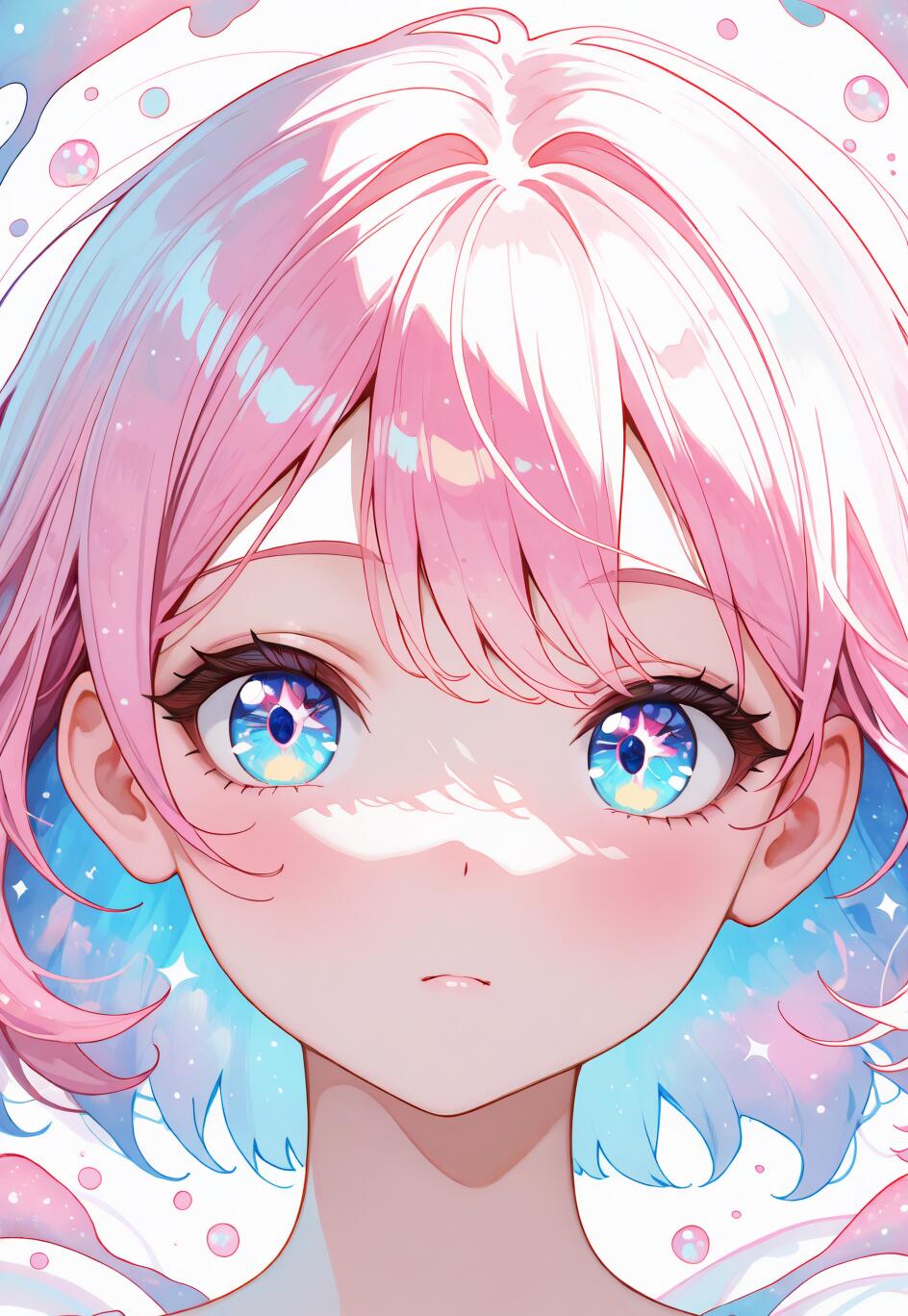 A close-up portrait of a cute anime girl with short pink hair and large, sparkling multi-colored eyes. The art style is soft and rendered in a pastel color palette.