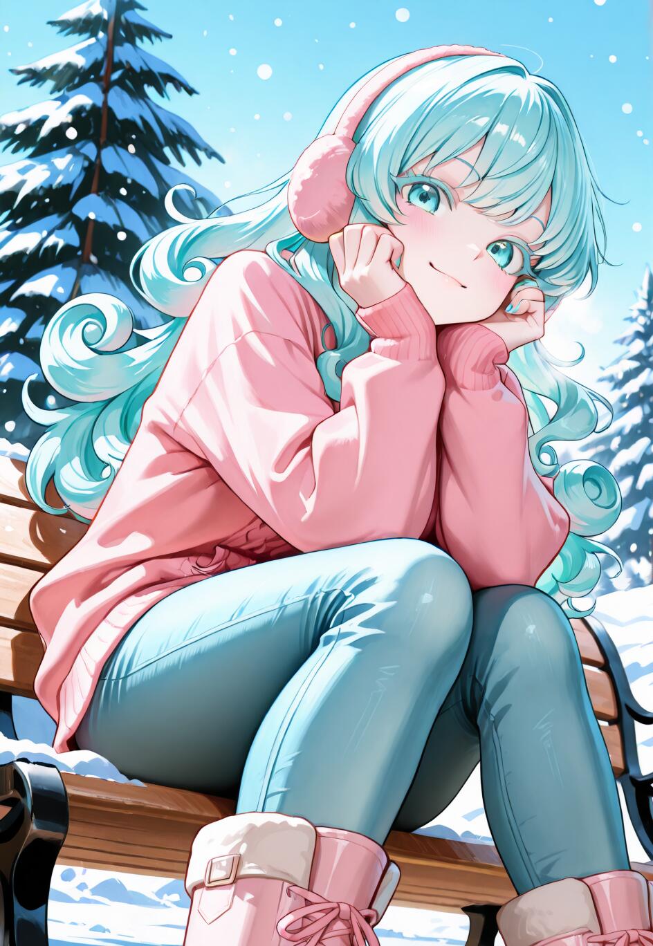 An anime girl with curly aqua hair and a pink sweater sits on a park bench in a snowy winter scene, smiling as she rests her head in her hands.