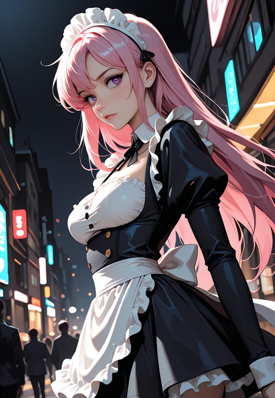 An anime-style illustration of a young woman with long pink hair and purple eyes wearing a black and white maid costume. She is standing on a city street at night, with blurred neon lights in the background.