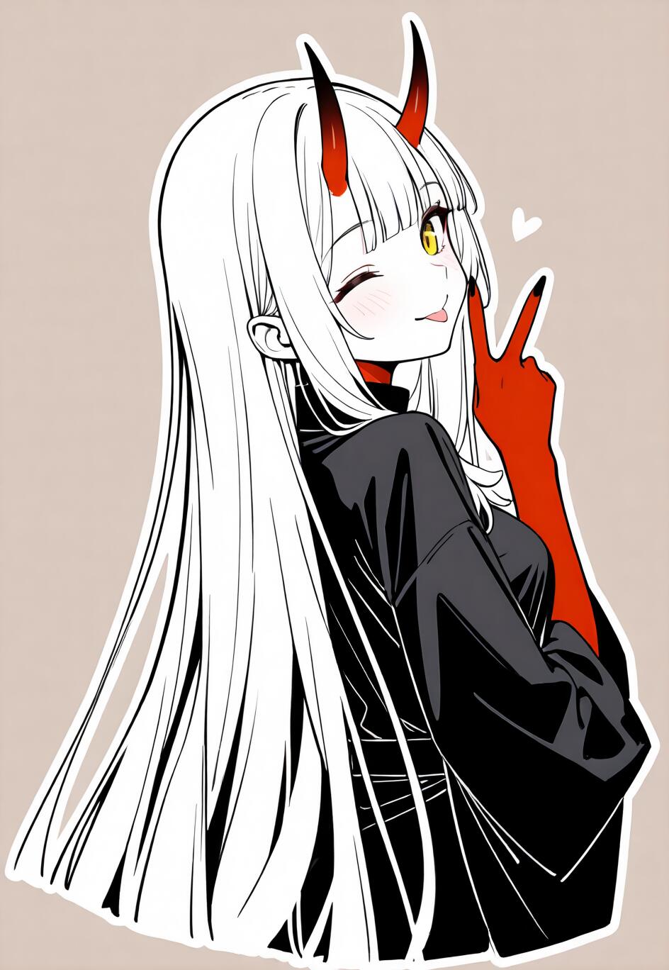 An anime girl with long white hair, red oni horns, and yellow eyes winking and making a peace sign. She is wearing a black shirt and red gloves, looking over her shoulder at the viewer.
