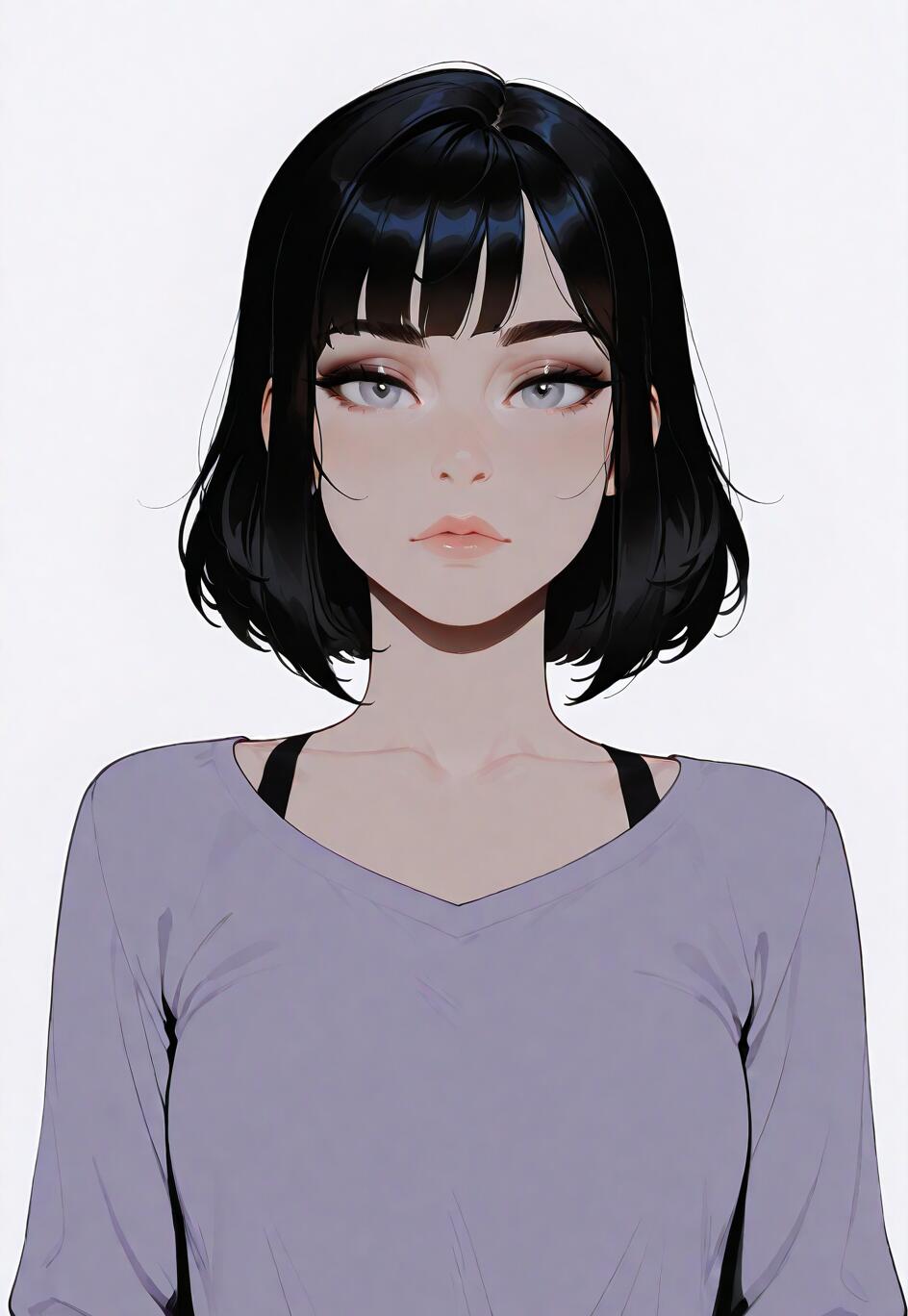 A digital illustration of a young woman with short black hair, bangs, and striking grey eyes, looking directly at the camera. She is wearing a lavender shirt over black straps against a white background.