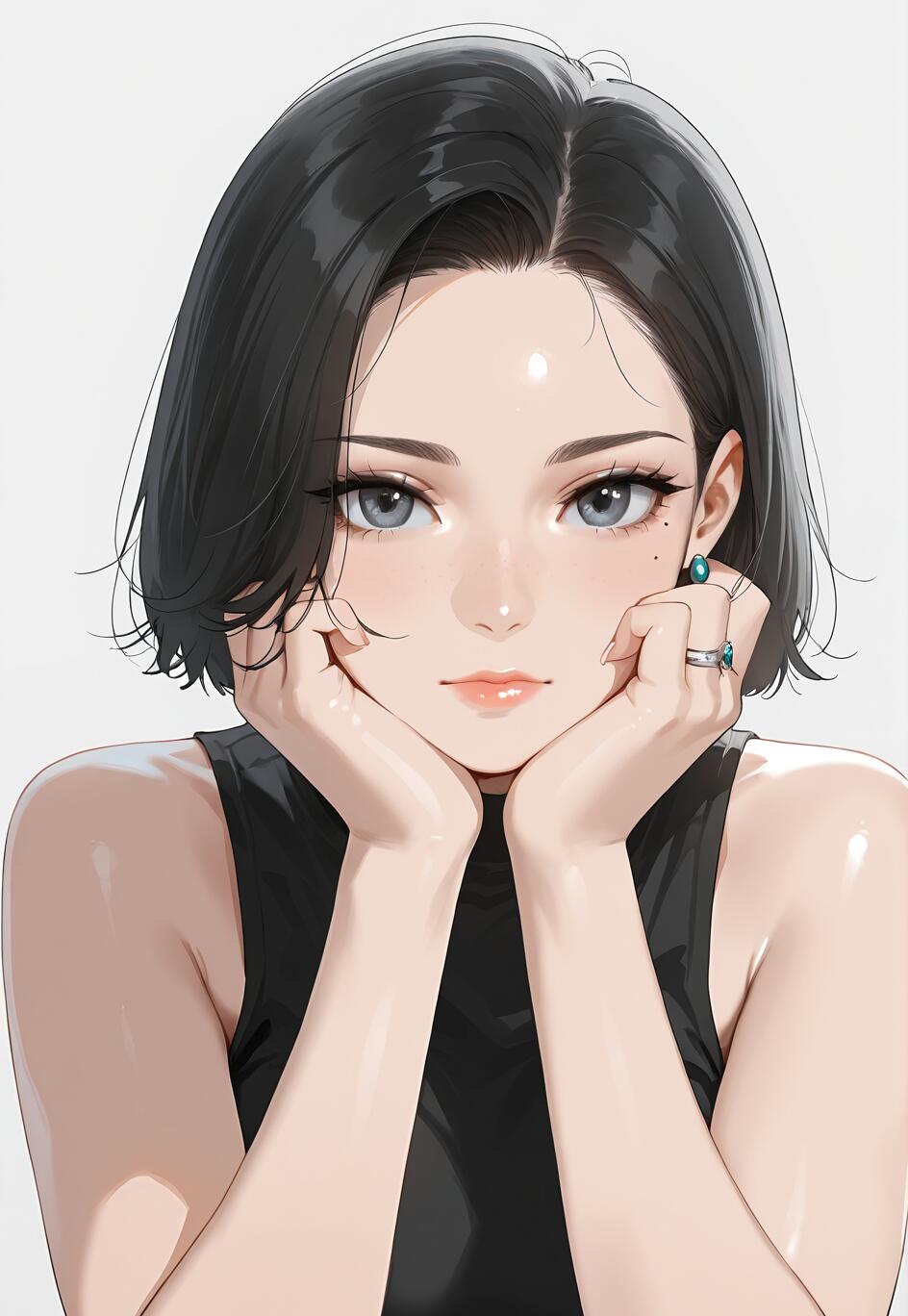 A digital art portrait of a young woman with short black hair and grey eyes. She is wearing a black sleeveless top, resting her chin on her hands, and looking directly forward with a calm expression.