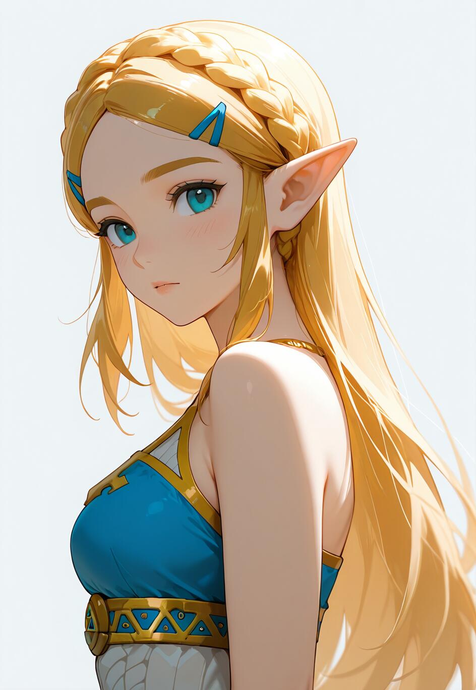 An anime-style illustration of Princess Zelda from The Legend of Zelda. She has long blonde hair with a crown braid, blue eyes, and pointed ears, and is looking over her shoulder while wearing a blue and gold outfit.