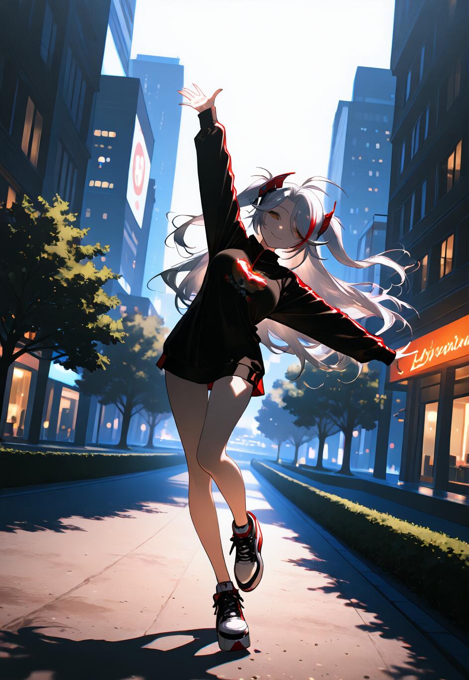 Full-body illustration of the anime character Prinz Eugen from Azur Lane standing on a city sidewalk. She has long white hair, is wearing a casual black hoodie and sneakers, and is smiling cheerfully with one arm outstretched.