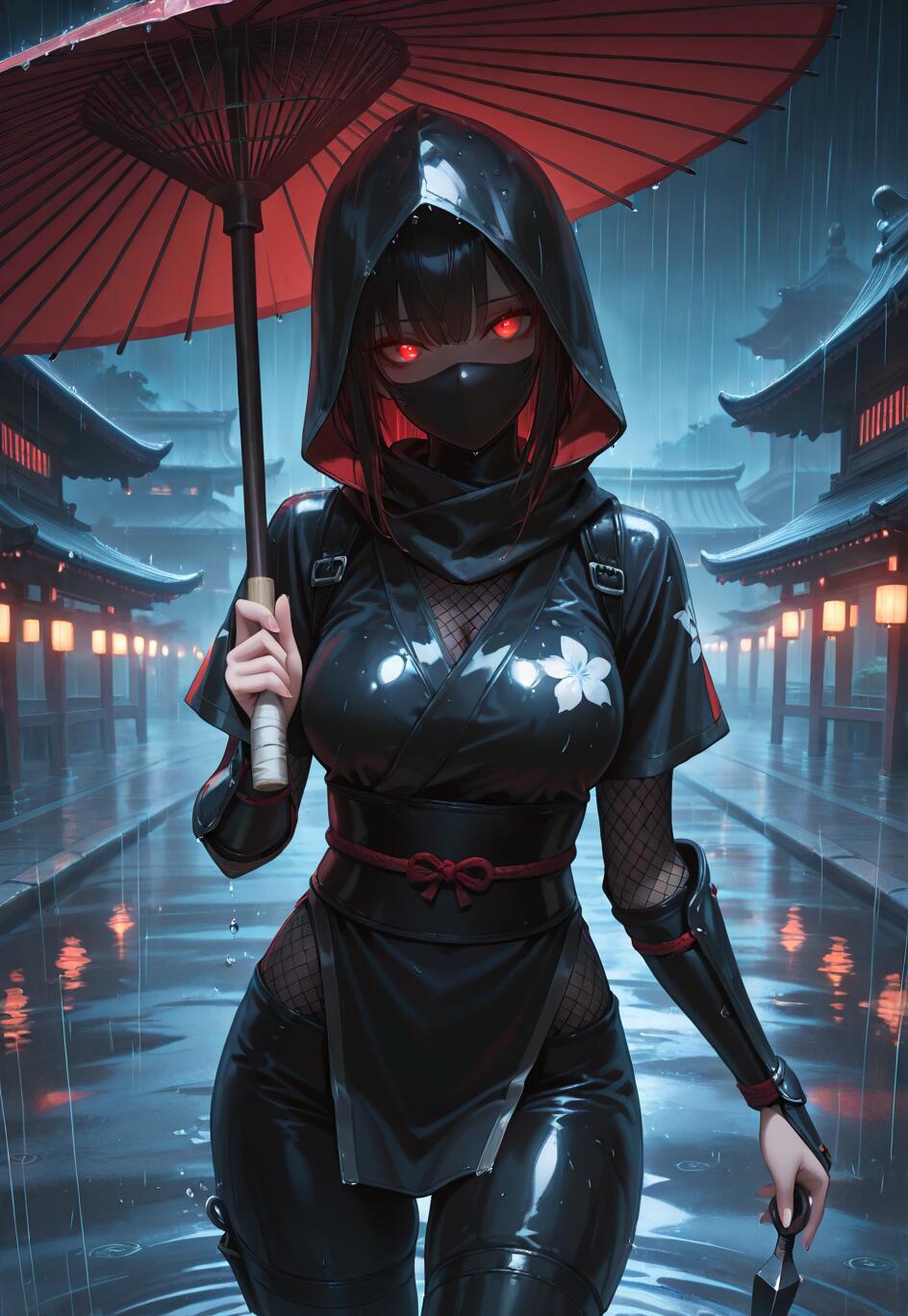 A female anime ninja with glowing red eyes and a black hooded outfit stands in the rain at night, holding a red umbrella in one hand and a kunai in the other, with lantern-lit Japanese buildings in the background.