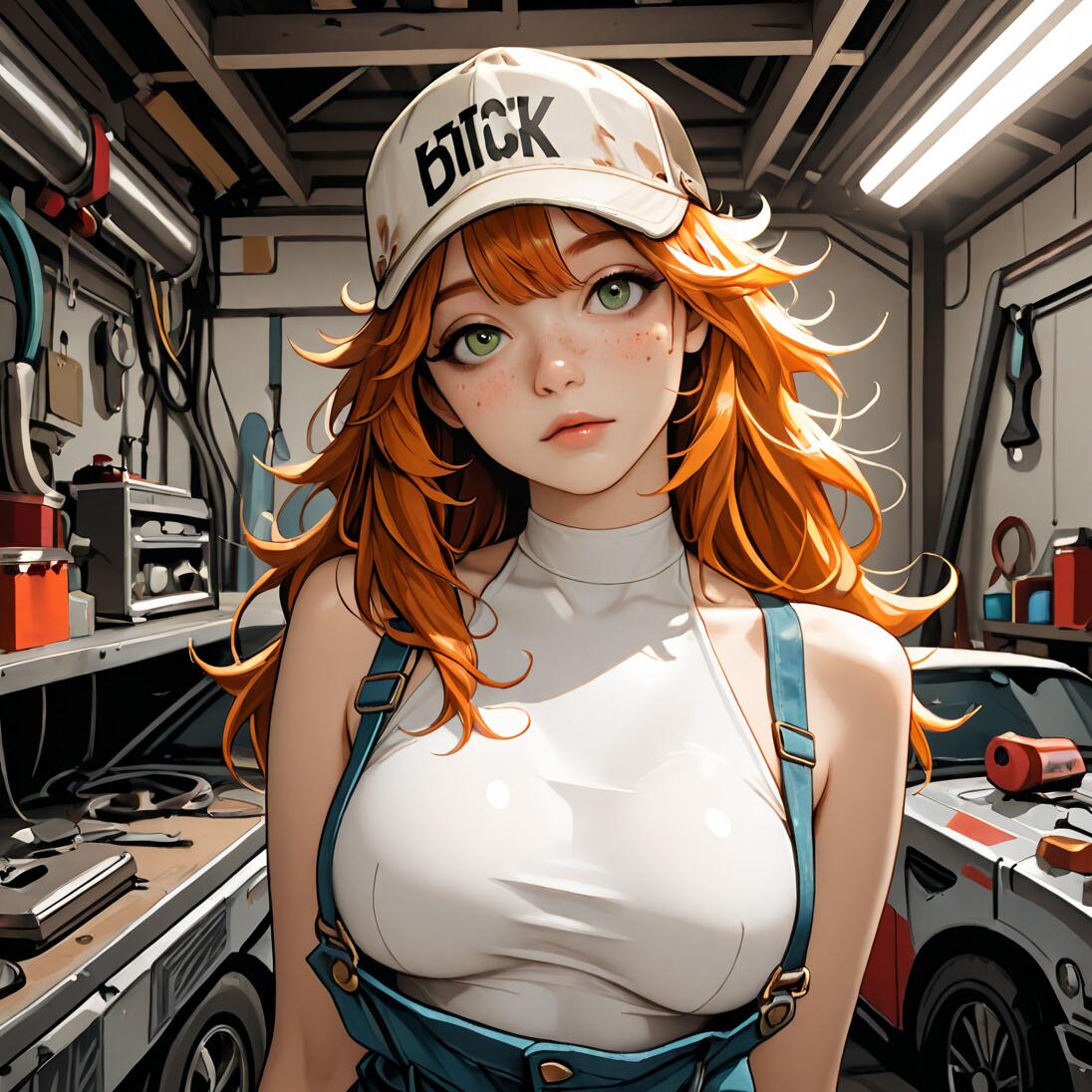 An anime-style illustration of a young woman with long ginger hair, green eyes, and freckles, wearing a white top, blue overalls, and a cap, standing in a messy auto mechanic's garage.