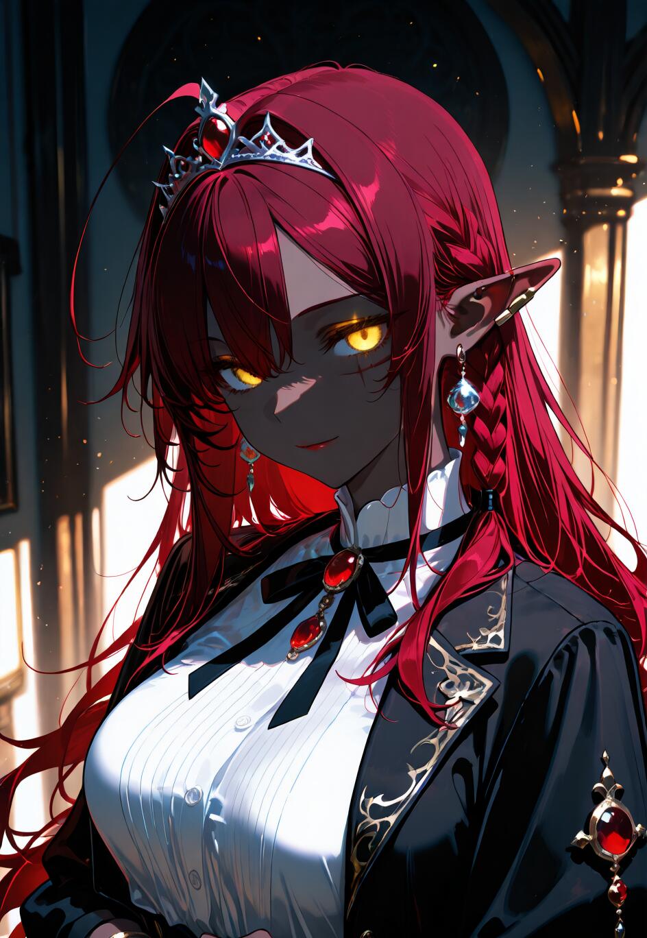 An illustration of a dark elf woman with long red hair, glowing yellow eyes, and a silver tiara. She is wearing a white blouse and black jacket and is standing in a room with dramatic, shadowy lighting.
