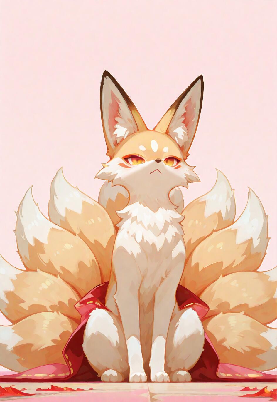 An anime-style illustration of a white and orange nine-tailed fox (kitsune) sitting upright. It has large ears, golden-red eyes, and a proud expression, with its nine tails fanned out behind it against a light pink background.