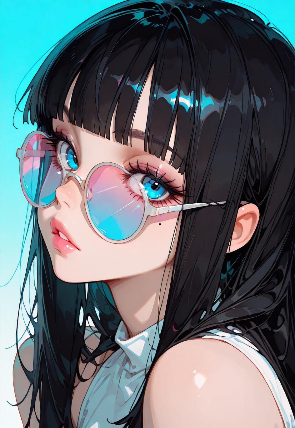 A close-up digital illustration of an anime-style girl with long black hair and bangs, wearing large round glasses with pink and blue gradient lenses. She has large blue eyes and is looking to the side against a bright blue background.