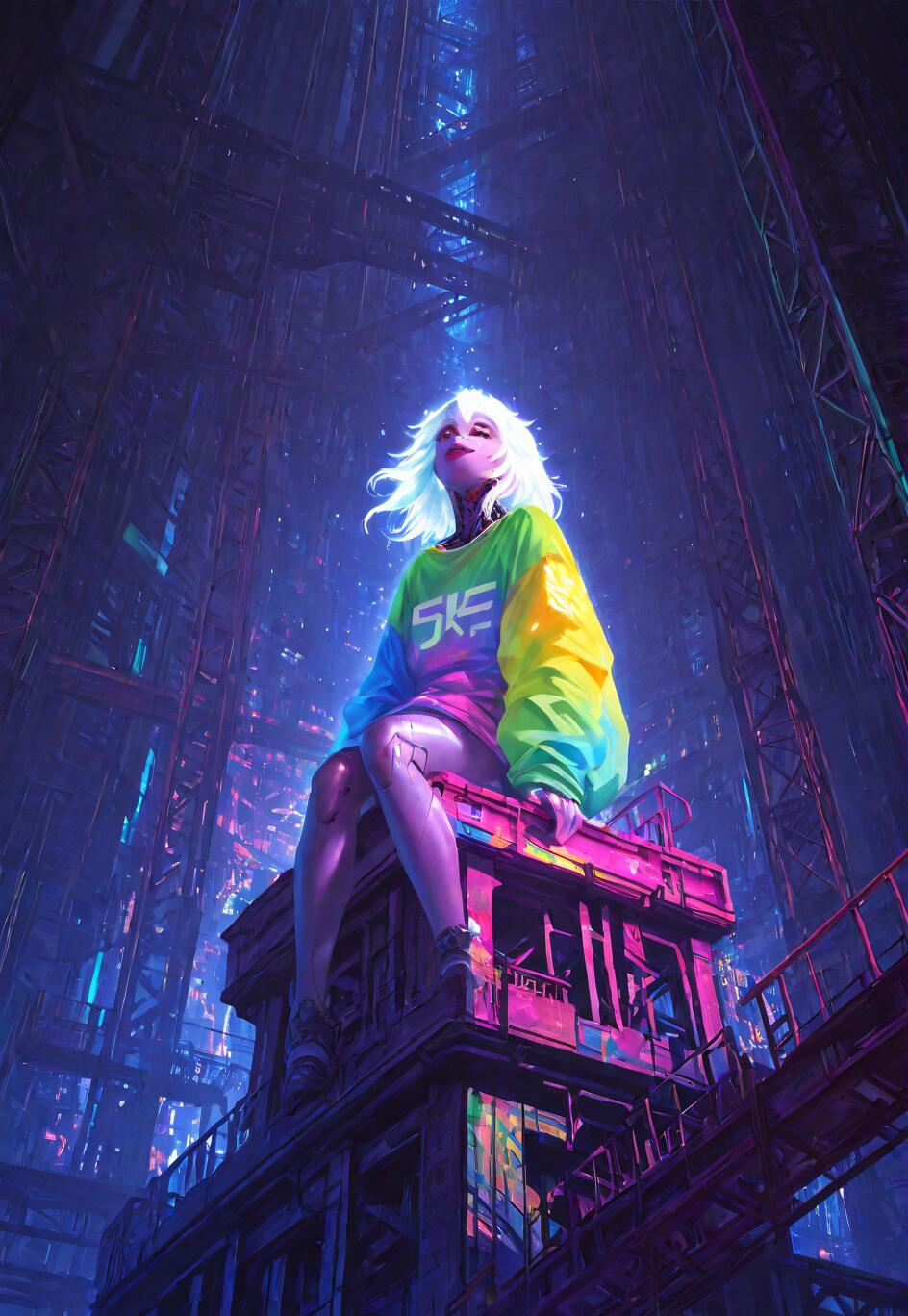 A young woman with white hair and a colorful oversized sweatshirt sits on a rooftop, looking up at a vast, futuristic cyberpunk city at night, which is lit with blue and purple neon lights.