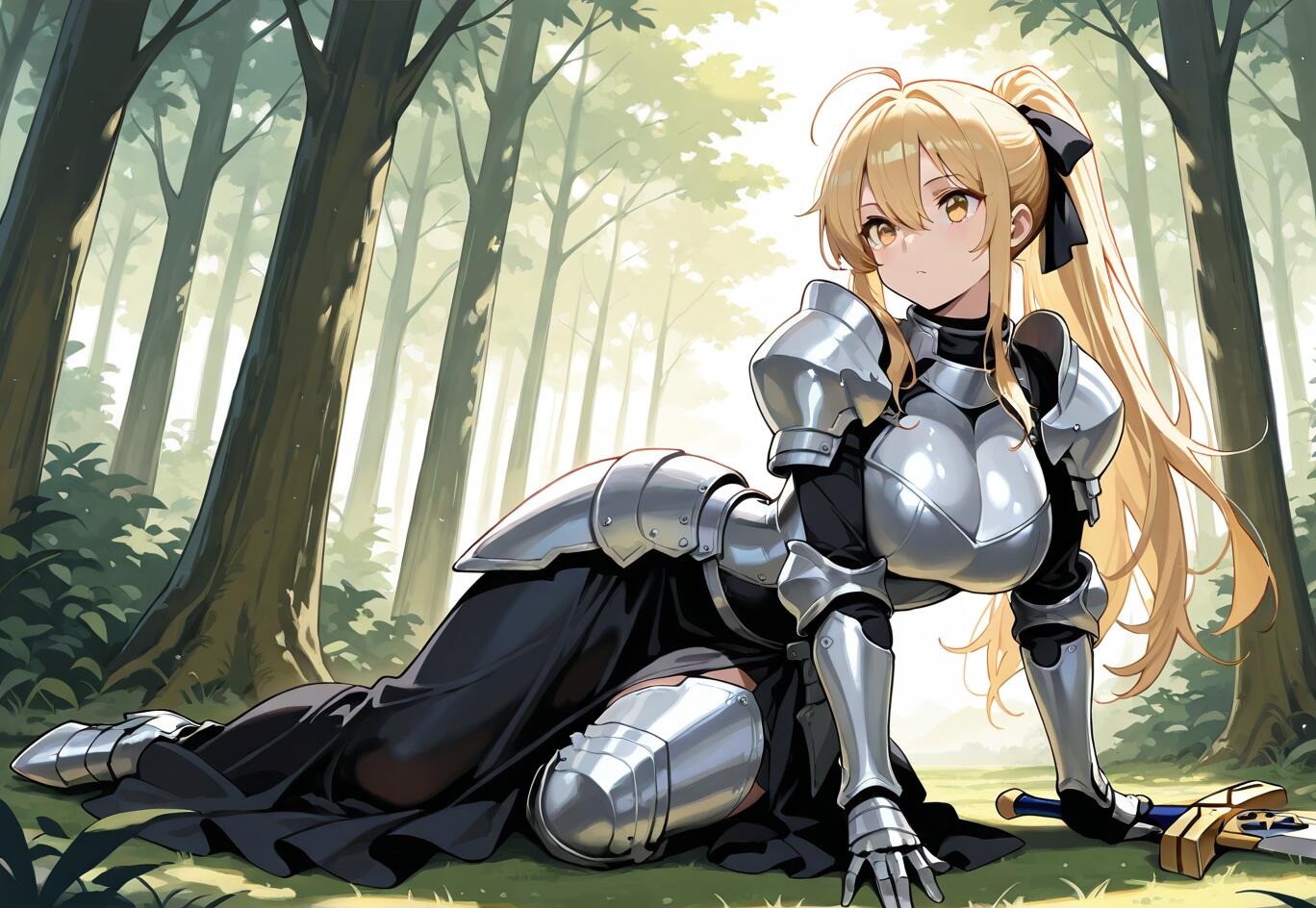 An anime illustration of Saber Artoria Pendragon, a blonde knight in full silver armor and a black dress, resting on the grassy ground of a sunlit forest with her sword Excalibur beside her.