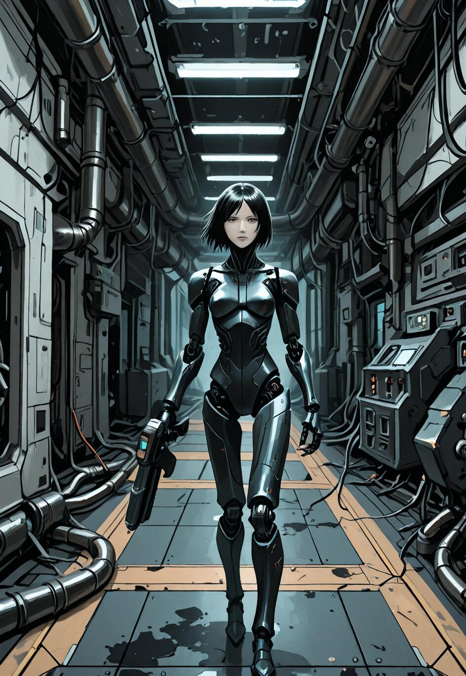 A full-body illustration of the cyborg character Sanakan from the manga BLAME! walking towards the viewer in a dark, narrow, industrial sci-fi hallway filled with pipes and cables. She has short black hair and is holding a large gun.