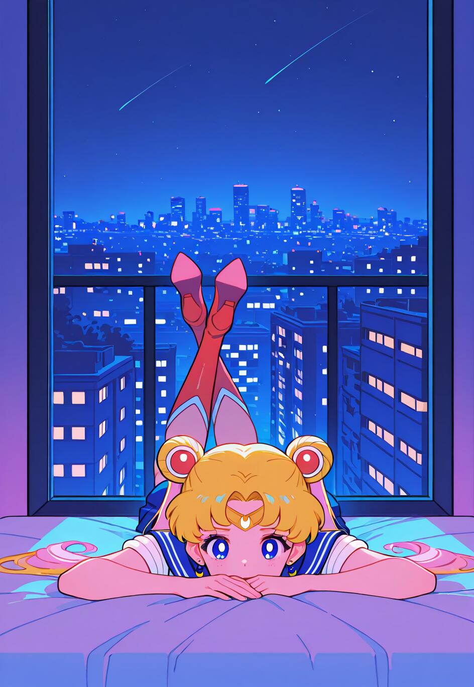 Sailor Moon, with her signature blonde odango hair, lies on her stomach on a bed, looking directly at the viewer. Behind her, a large window reveals a vibrant city skyline at night under a starry sky.