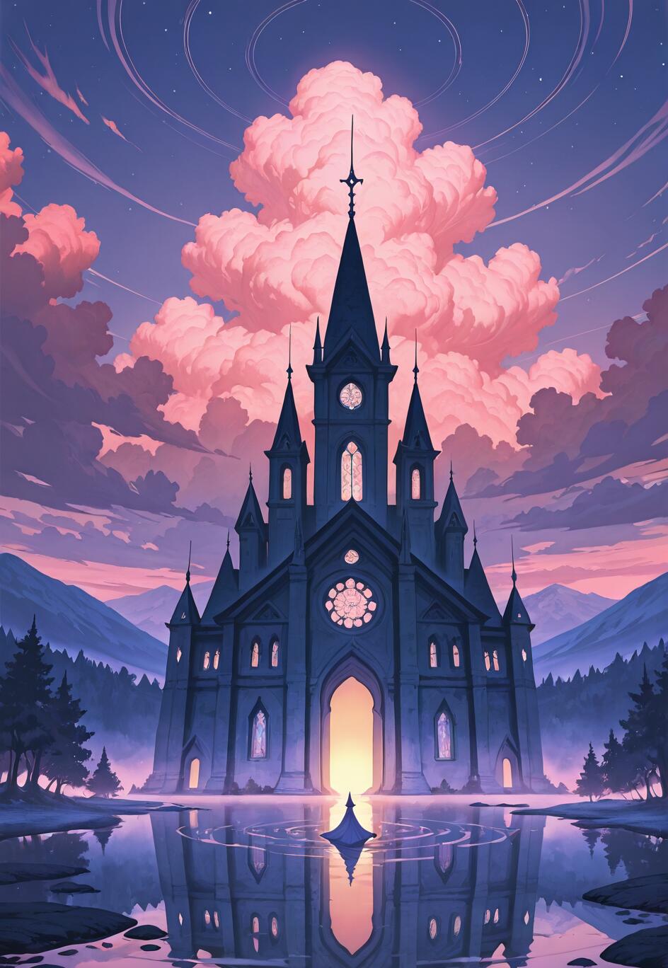A digital fantasy illustration of a dark, gothic cathedral on a lakeside at dusk. Large, voluminous pink clouds fill the purple sky, and the entire scene is reflected in the calm water. A small, lone figure in a dark robe stands on the water in front of the cathedral's glowing entrance.