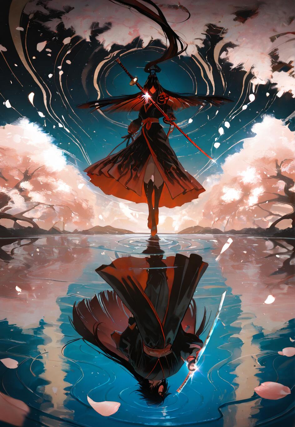 An anime-style illustration of Sasuke Uchiha from Naruto standing on water under a night sky with sakura trees. His reflection in the water reveals his true face, creating a duality theme.