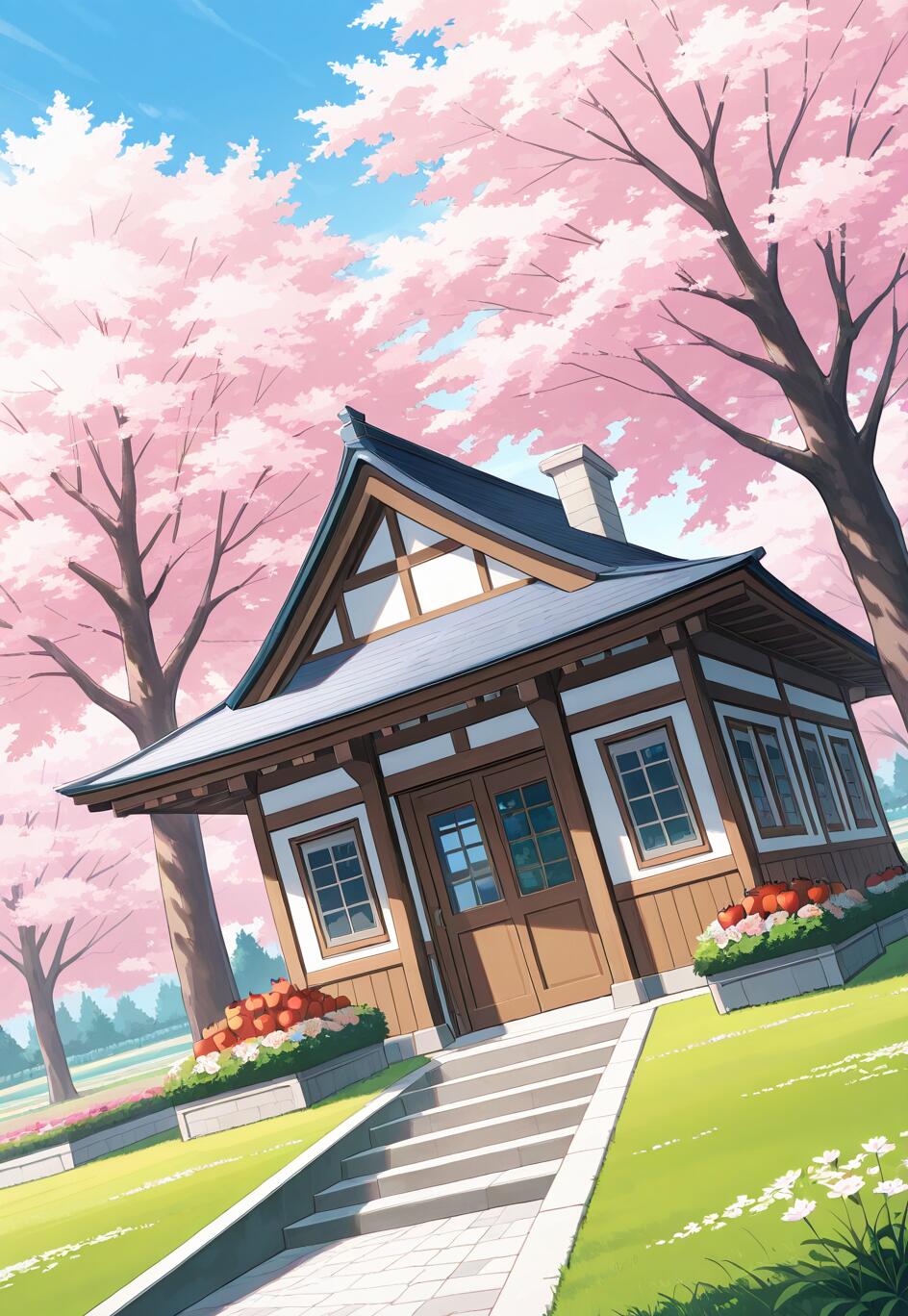 An anime-style illustration of a Japanese house with a dark gabled roof nestled among blooming pink cherry blossom trees. A stone path leads up to the house on a bright green lawn under a blue sky.