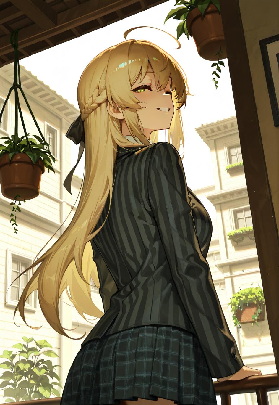 An anime girl, Shokuhou Misaki, with long blonde hair and a black ribbon, smiles over her shoulder while standing on a sunny balcony. She is wearing a striped jacket and a plaid skirt, surrounded by hanging plants.