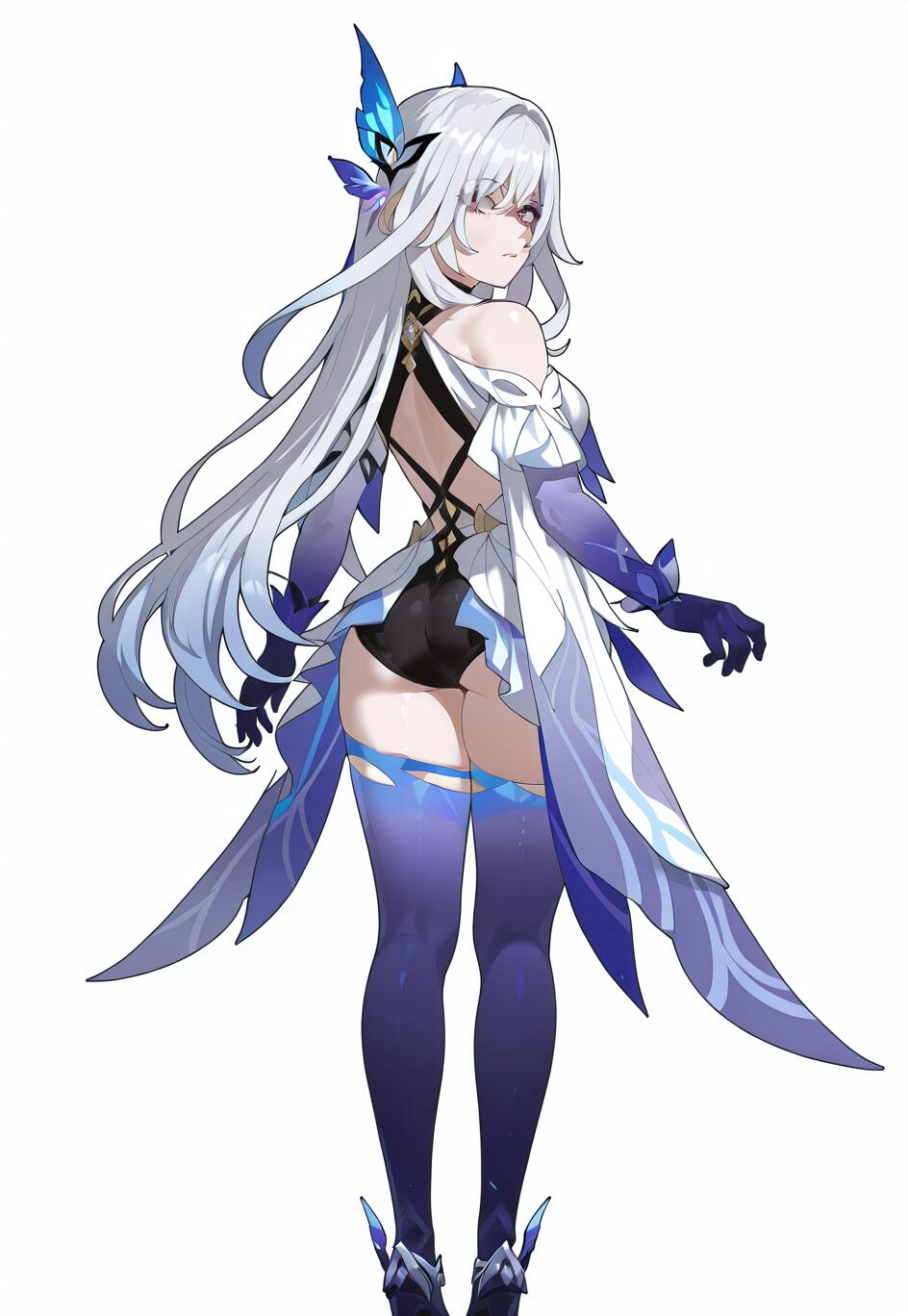 Full body illustration of Skirk from Genshin Impact. She has long white hair that gradients to blue, red eyes, and is wearing a stylish black, white, and purple outfit with thigh-highs. She is looking back over her shoulder against a plain white background.