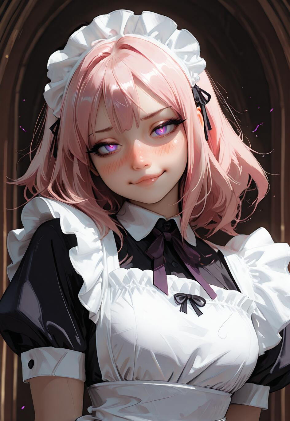 A digital illustration of the anime character Astolfo from the Fate series, with pink hair and glowing purple eyes, wearing a black and white maid outfit. They have a smug expression and are looking at the camera against a dark background.