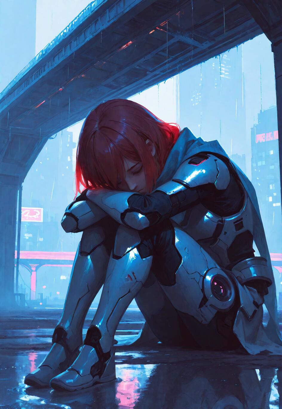 A woman with long red hair wearing white and black futuristic armor sits huddled on the ground under an overpass in a rainy, neon-lit cyberpunk city, her head bowed in a melancholic pose.
