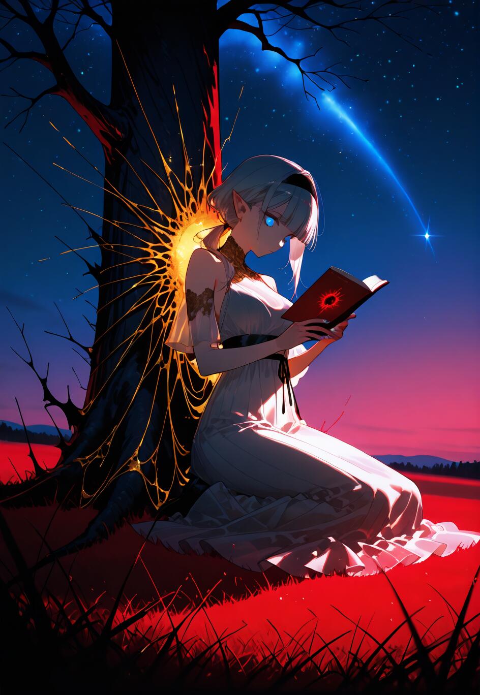 An anime-style elf girl with silver hair and glowing blue eyes kneels on red grass, reading a book while leaning against a tree. A bright, web-like light source is on the tree behind her, and a shooting star streaks across the night sky.