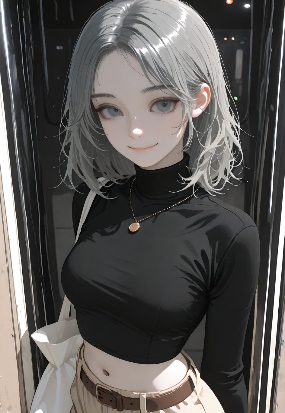 An anime-style illustration of a young woman with short silver hair and gray eyes, wearing a black turtleneck crop top and a gold necklace, smiling at the camera in front of a dark, reflective background.