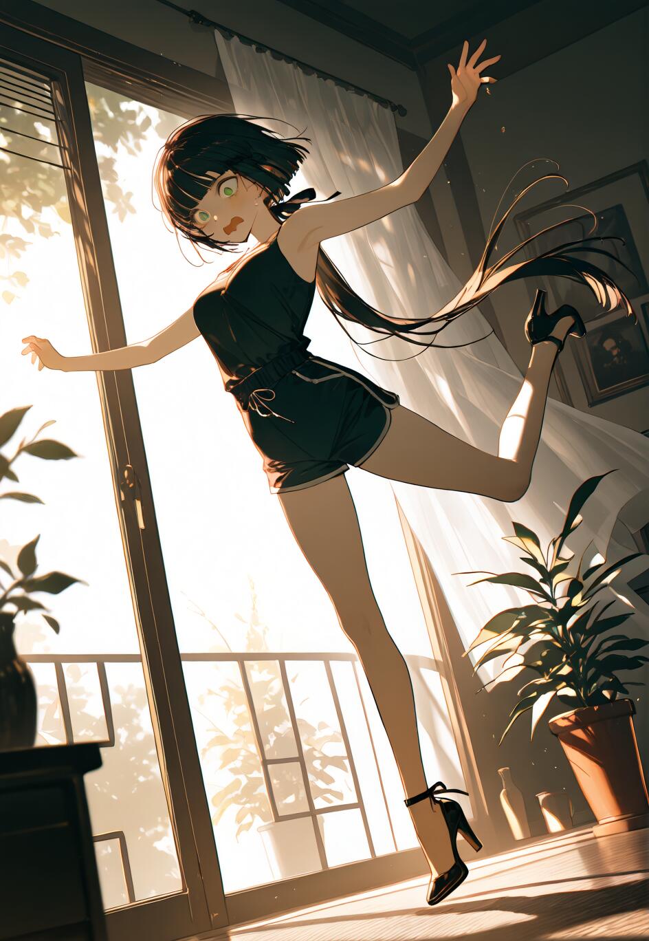 A full-body illustration of an anime-style girl with short black hair, a long ponytail, and green eyes, falling backward in a sunlit room. She wears a black top and shorts with high heels, her arms outstretched as she loses her balance near a large glass door.