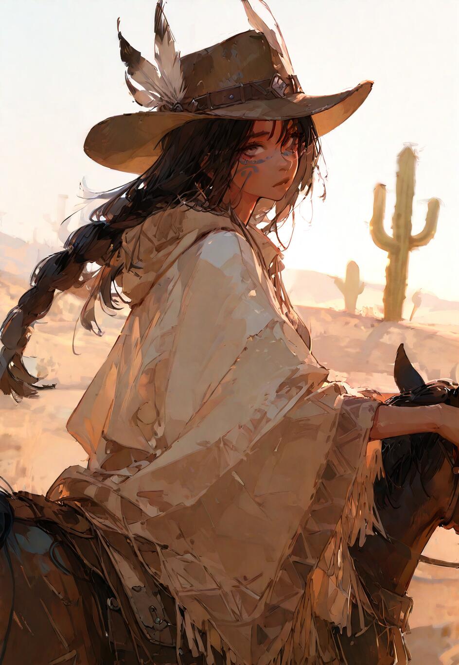A digital painting of a young woman with long dark braids and a feathered hat, riding a dark horse in a desert. She wears a light-colored poncho and looks over her shoulder towards the viewer. Saguaro cacti are visible in the background under a sunny sky.