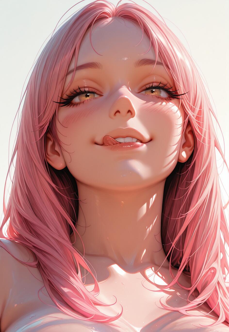 A close-up portrait of a woman with long pink hair and golden eyes, looking up with a playful smile and licking her lips in the bright sunlight.