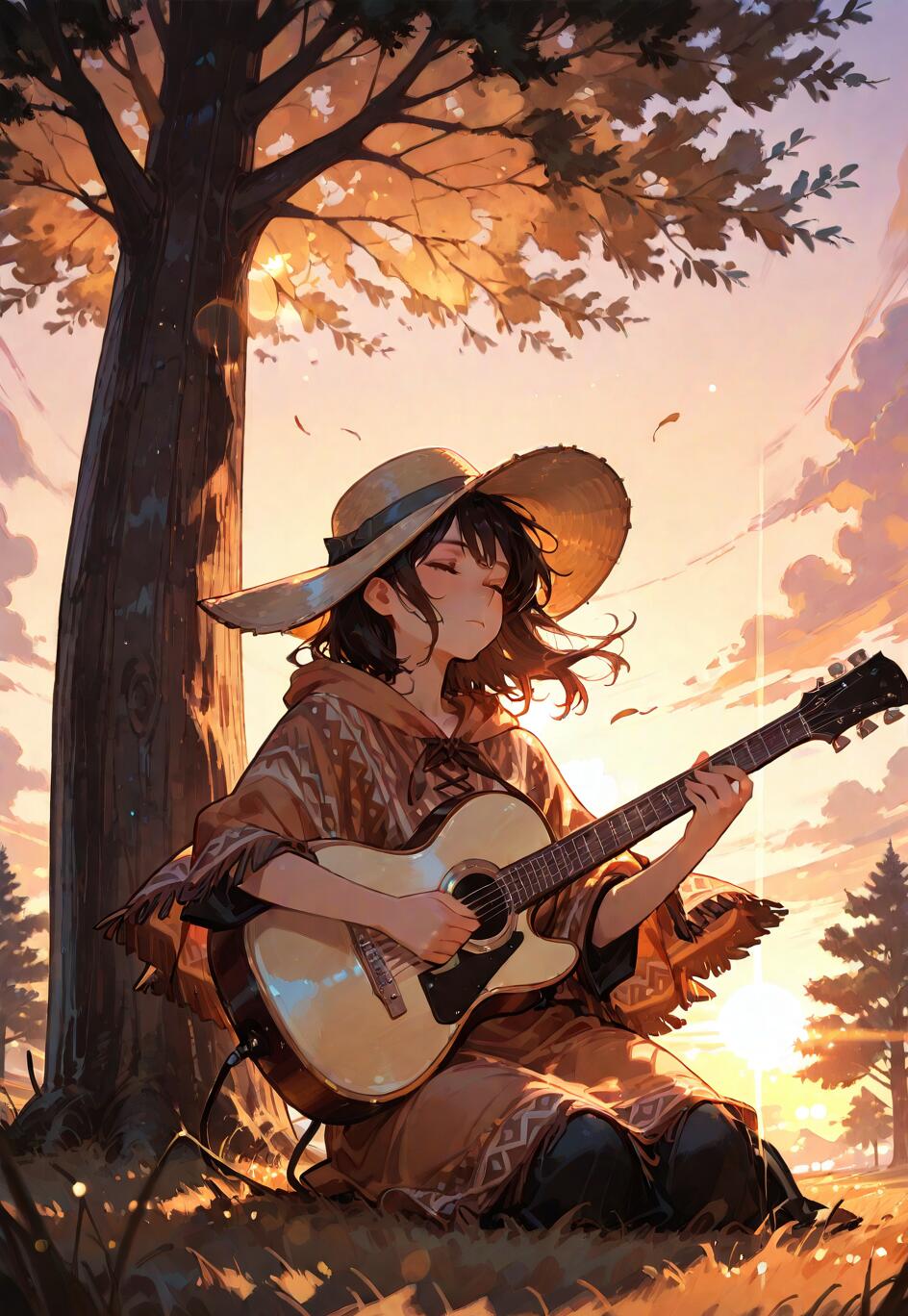 An anime-style girl with dark hair, wearing a poncho and a wide-brimmed hat, sits against a large tree at sunset, peacefully playing an acoustic guitar.