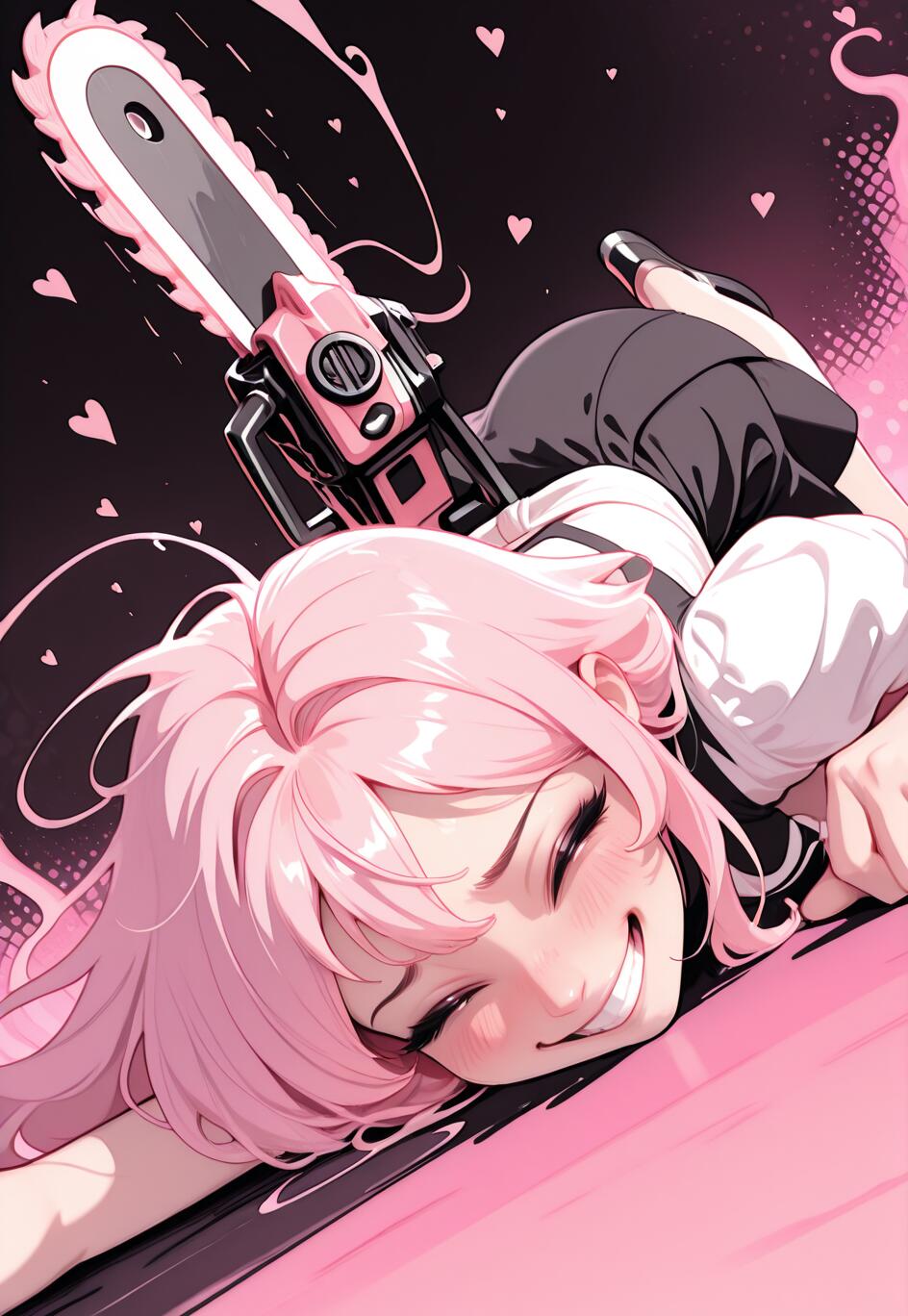 An anime girl with short pink hair and a wide, joyful smile lies on a pink surface, holding a running pink and black chainsaw. The background is black with floating pink hearts.